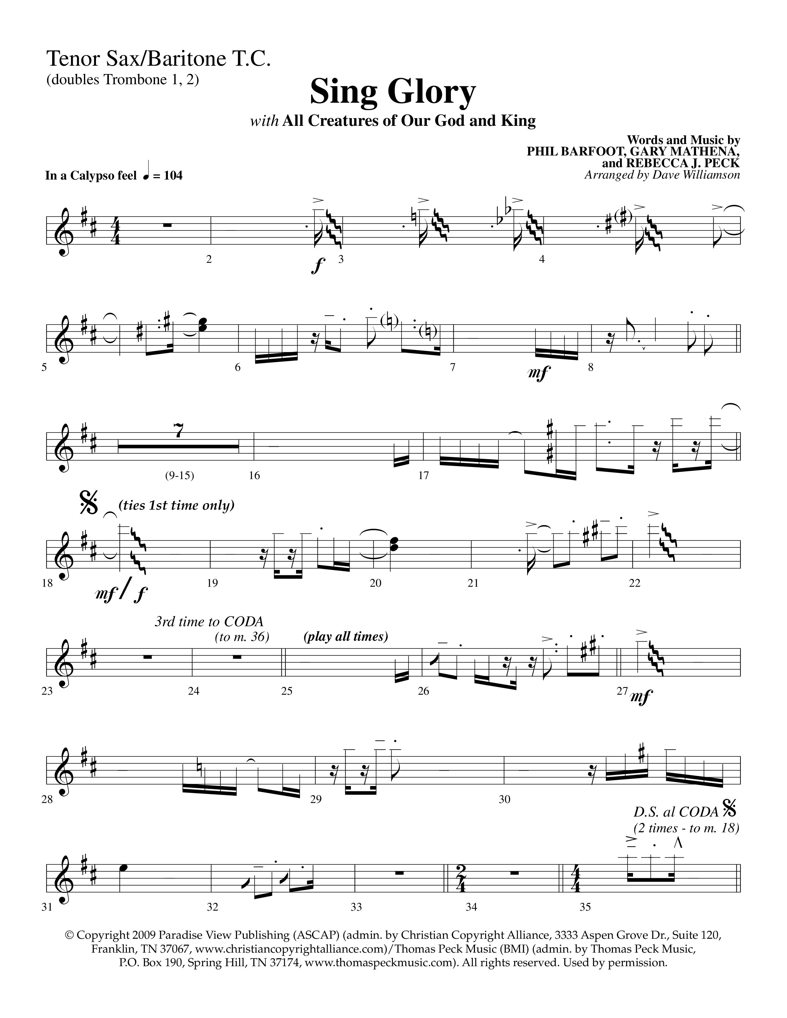 Sing Glory (with All Creatures Of Our God And King) (Choral Anthem SATB) Tenor Sax/Baritone T.C. (Lifeway Choral / Arr. Dave Williamson)