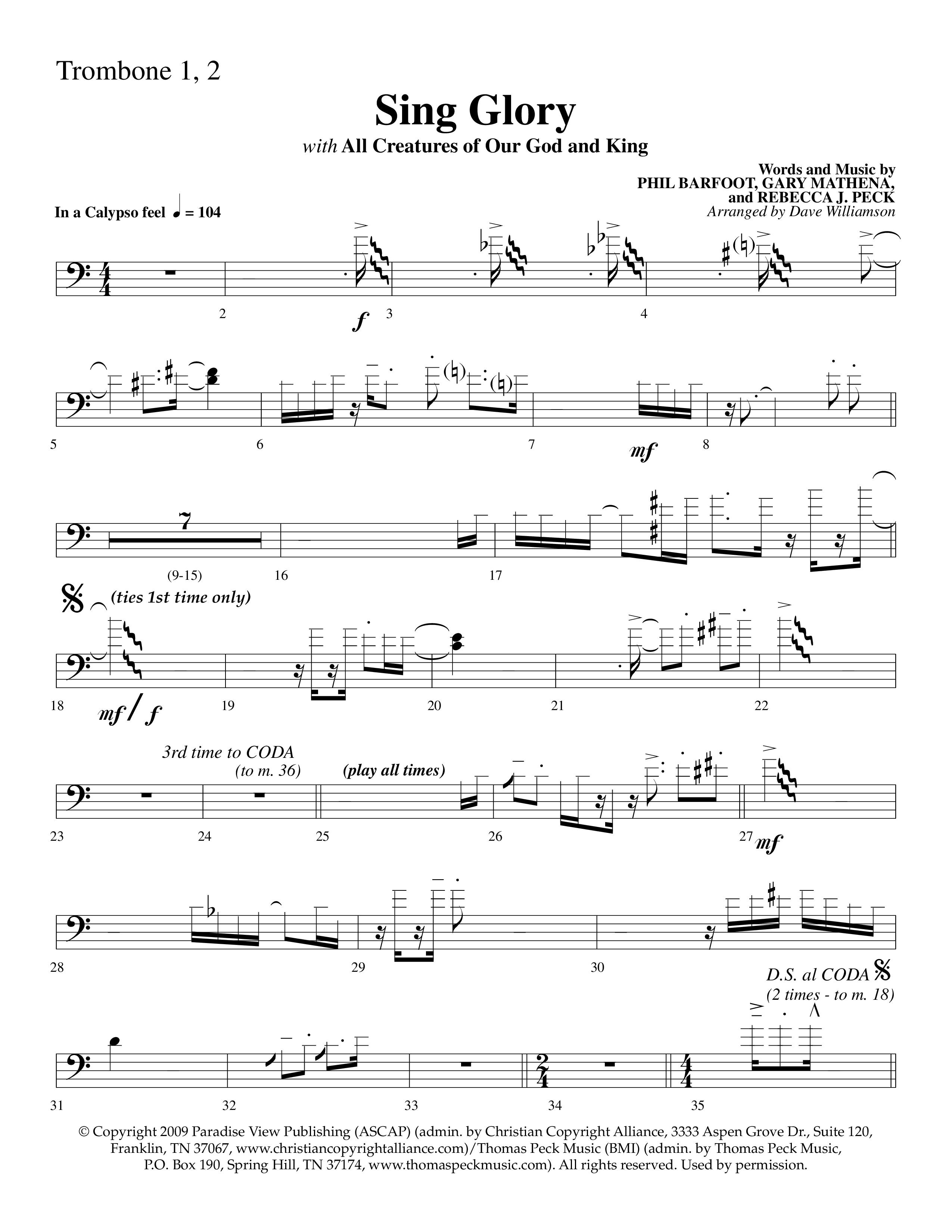 Sing Glory (with All Creatures Of Our God And King) (Choral Anthem SATB) Trombone 1/2 (Lifeway Choral / Arr. Dave Williamson)