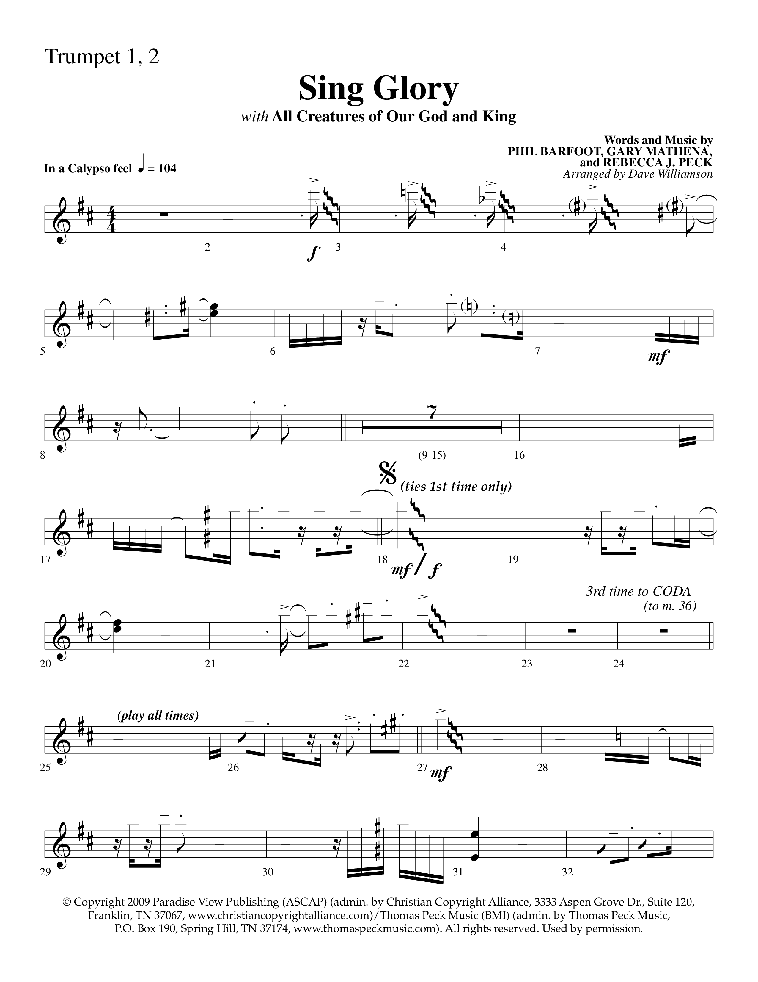 Sing Glory (with All Creatures Of Our God And King) (Choral Anthem SATB) Trumpet 1,2 (Lifeway Choral / Arr. Dave Williamson)