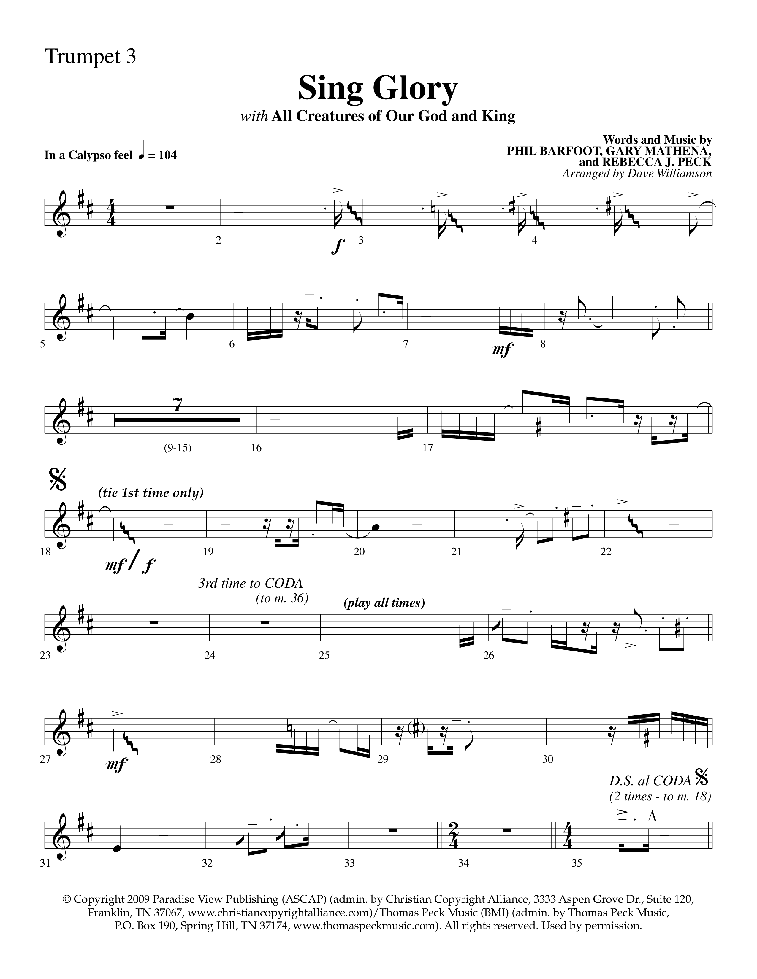 Sing Glory (with All Creatures Of Our God And King) (Choral Anthem SATB) Trumpet 3 (Lifeway Choral / Arr. Dave Williamson)