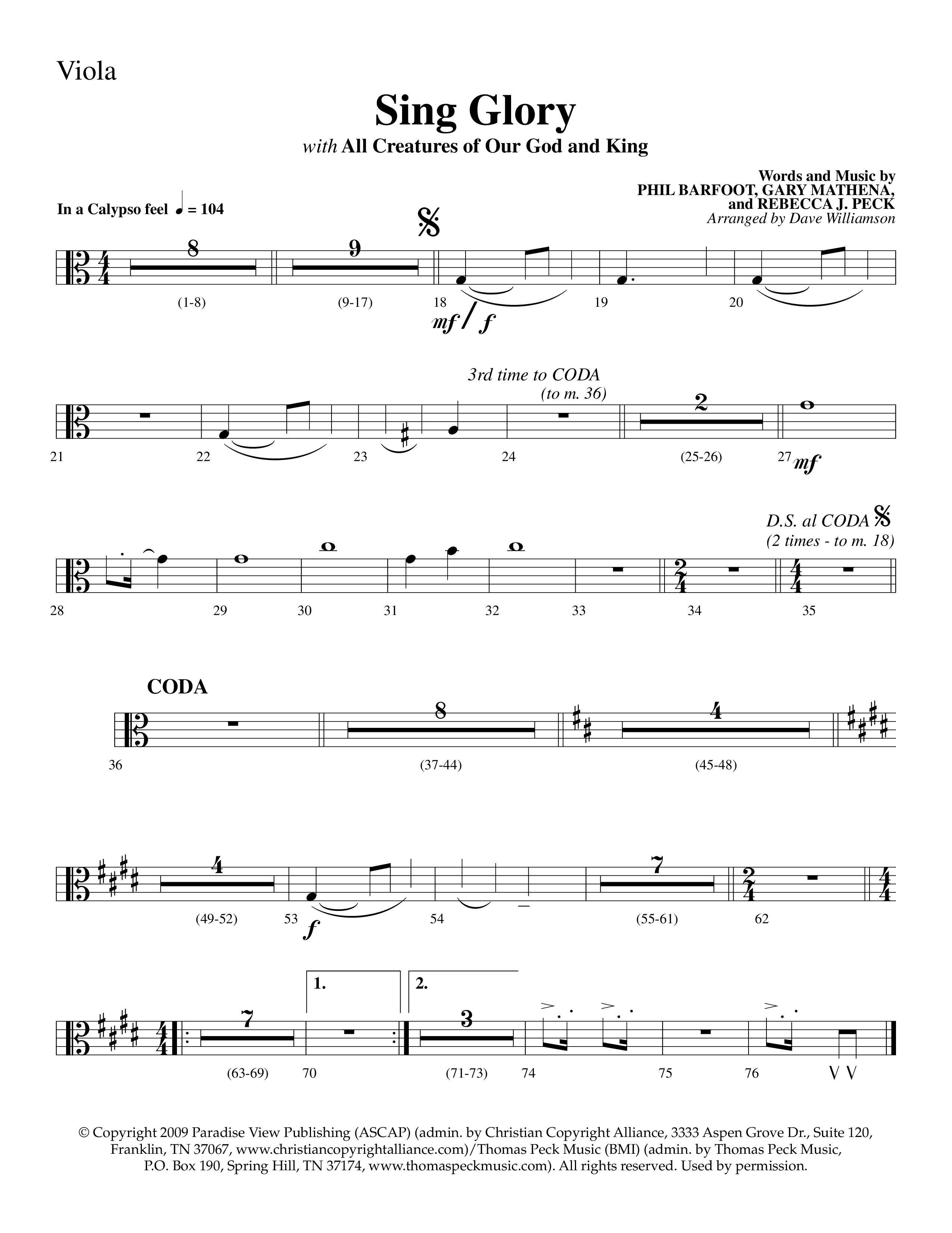 Sing Glory (with All Creatures Of Our God And King) (Choral Anthem SATB) Viola (Lifeway Choral / Arr. Dave Williamson)