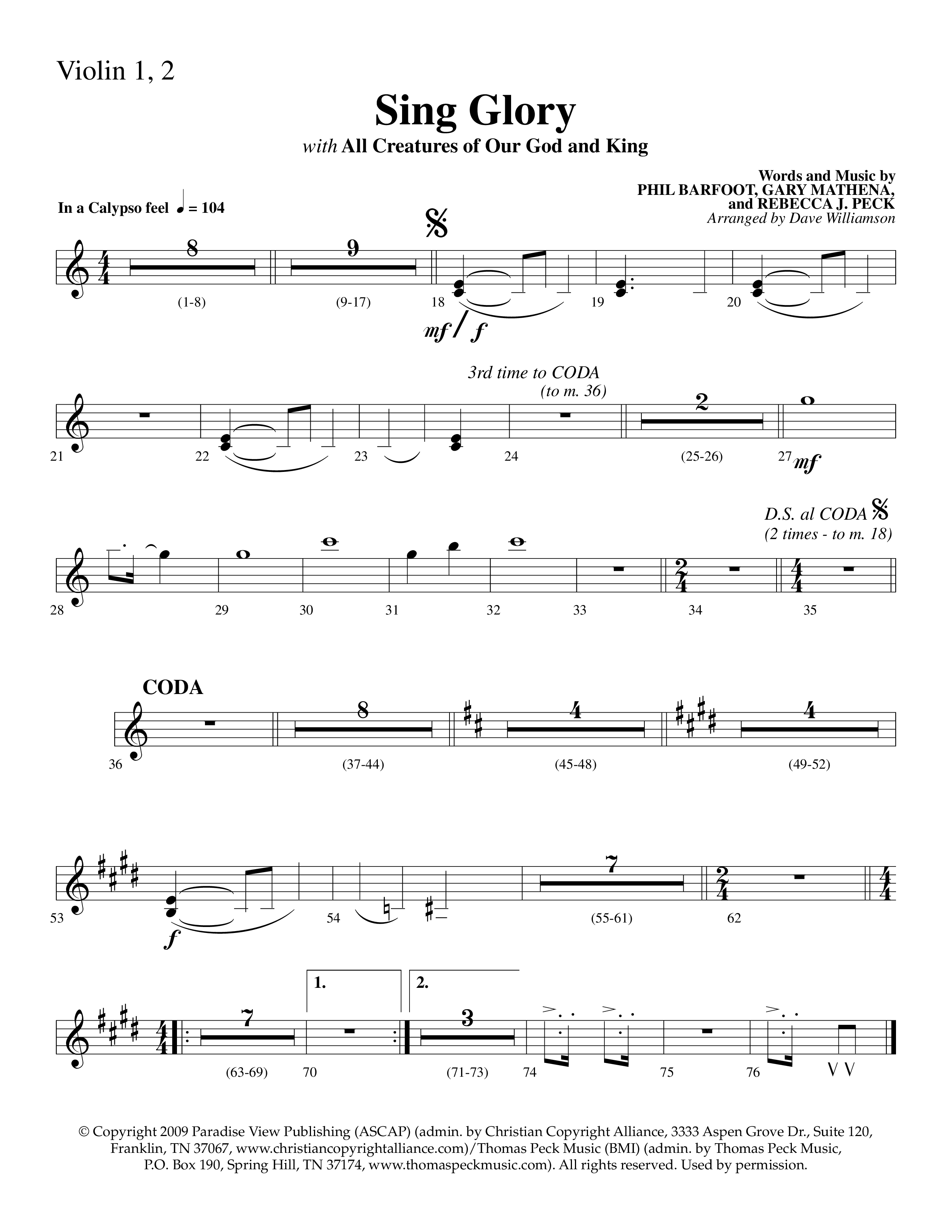 Sing Glory (with All Creatures Of Our God And King) (Choral Anthem SATB) Violin 1/2 (Lifeway Choral / Arr. Dave Williamson)