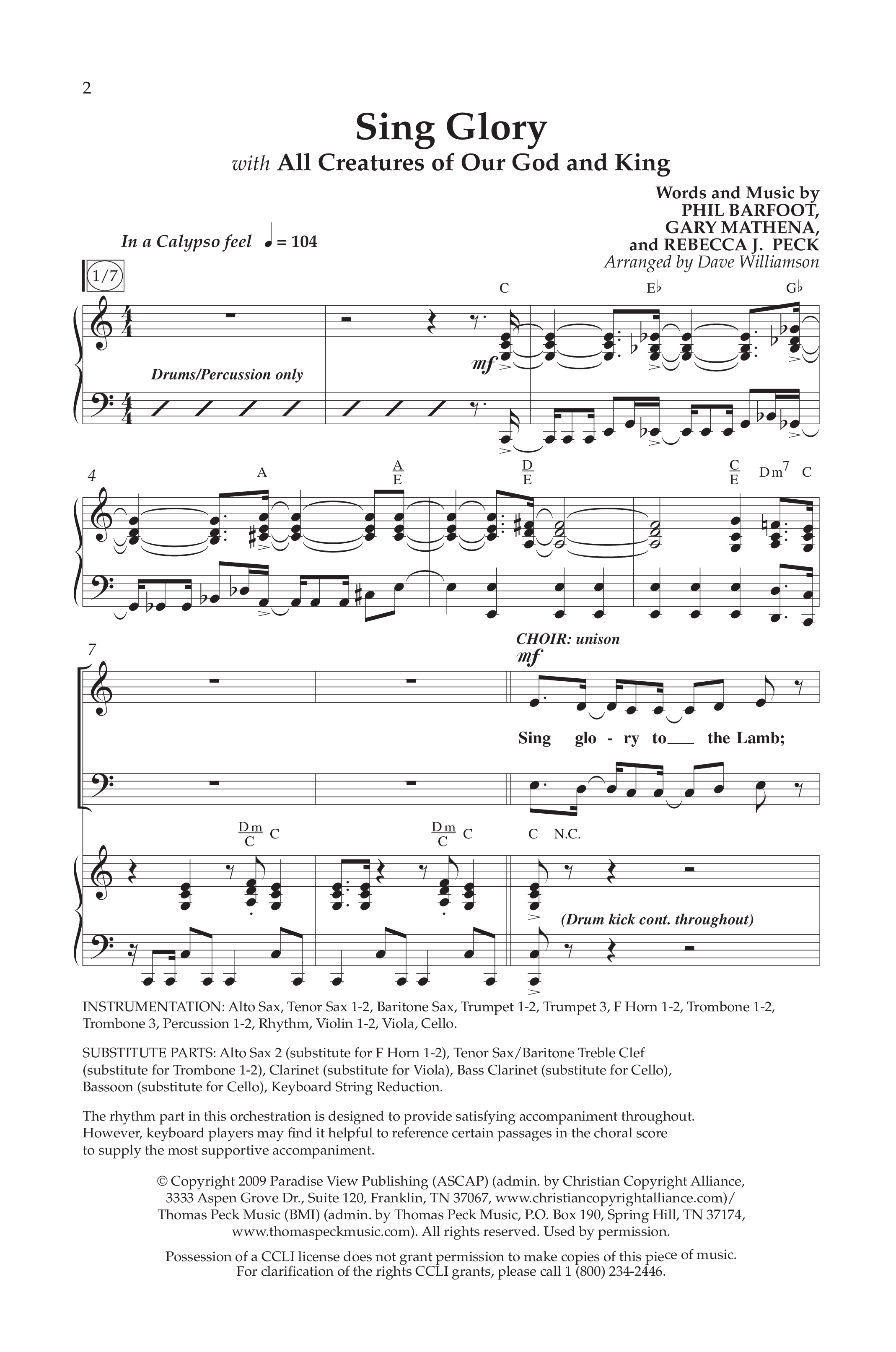 Sing Glory (with All Creatures Of Our God And King) (Choral Anthem SATB) Anthem (SATB/Piano) (Lifeway Choral / Arr. Dave Williamson)
