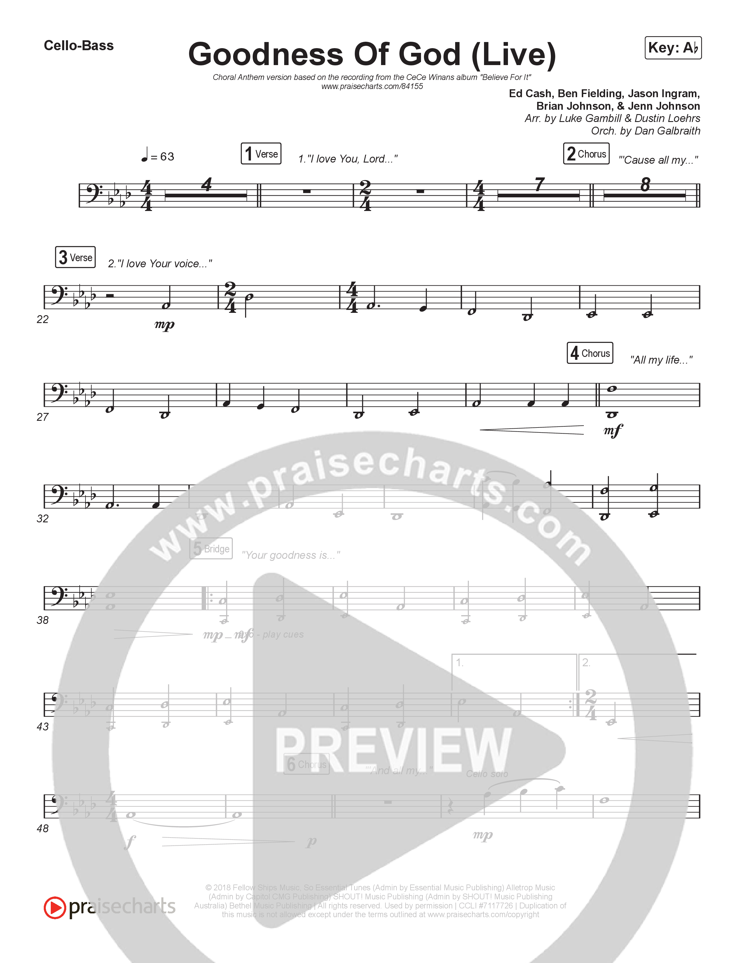 Goodness Of God (Choral Anthem SATB) Cello/Bass (CeCe Winans / Arr. Luke Gambill)