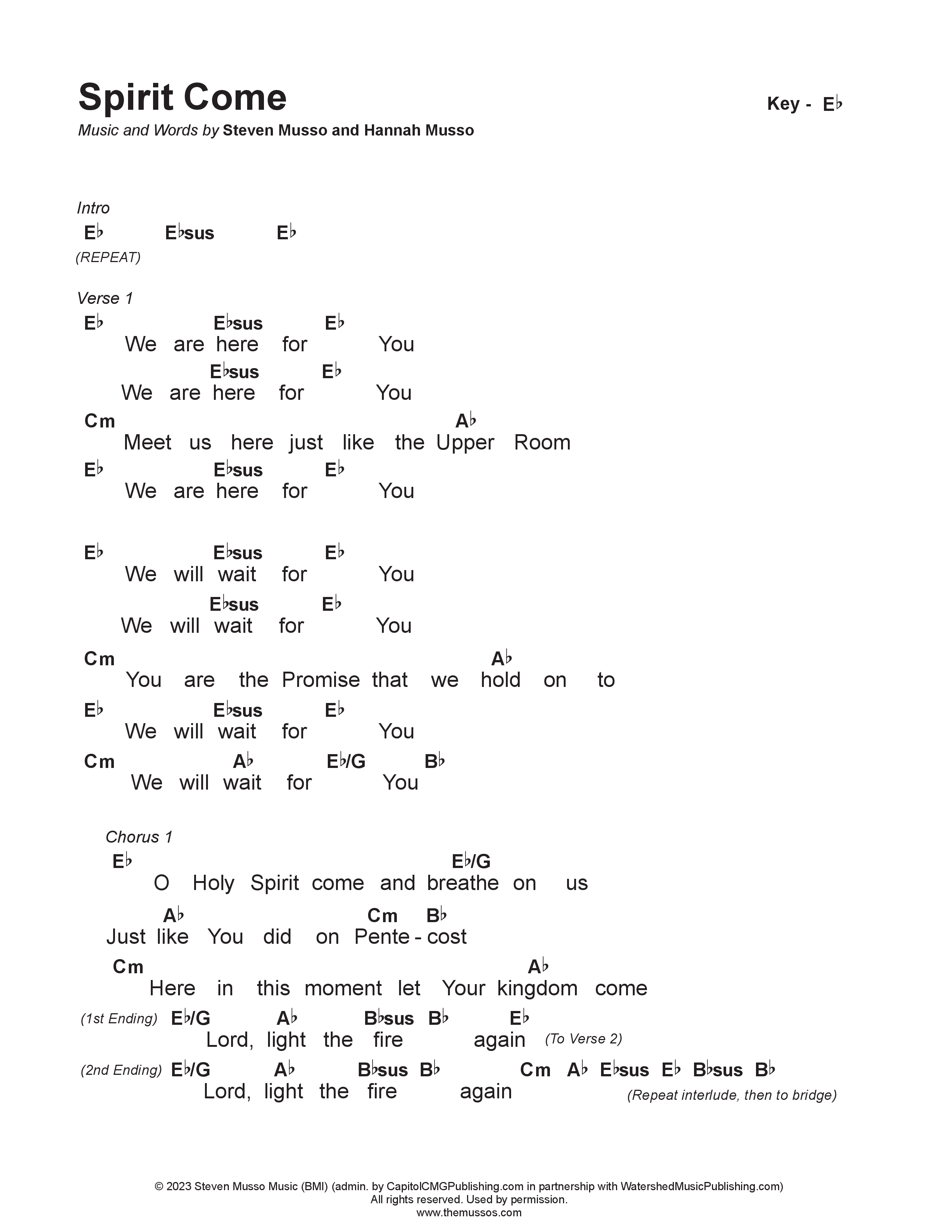 Spirit Come Chord Chart (Steven & Hannah Musso)