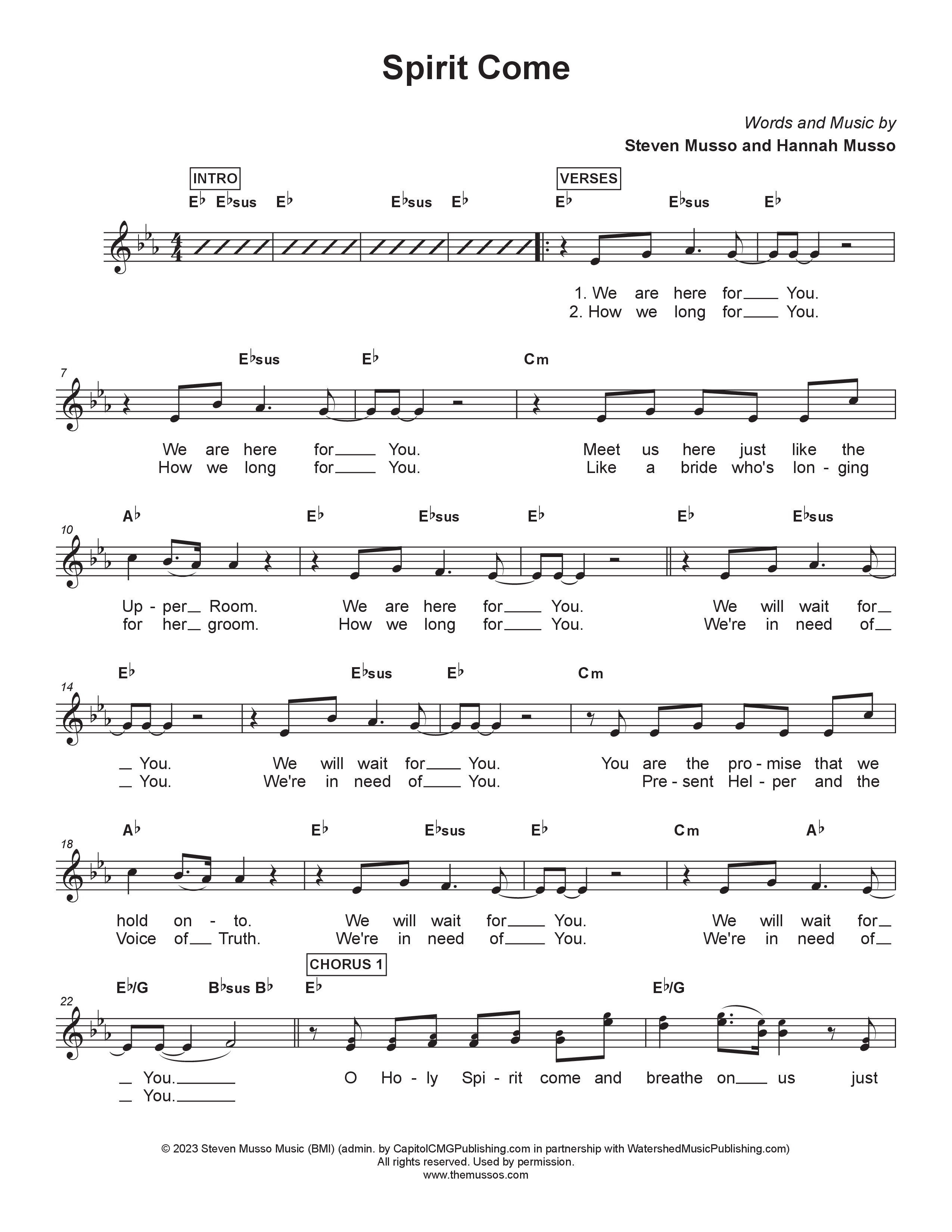 Spirit Come Lead Sheet Melody (Steven & Hannah Musso)