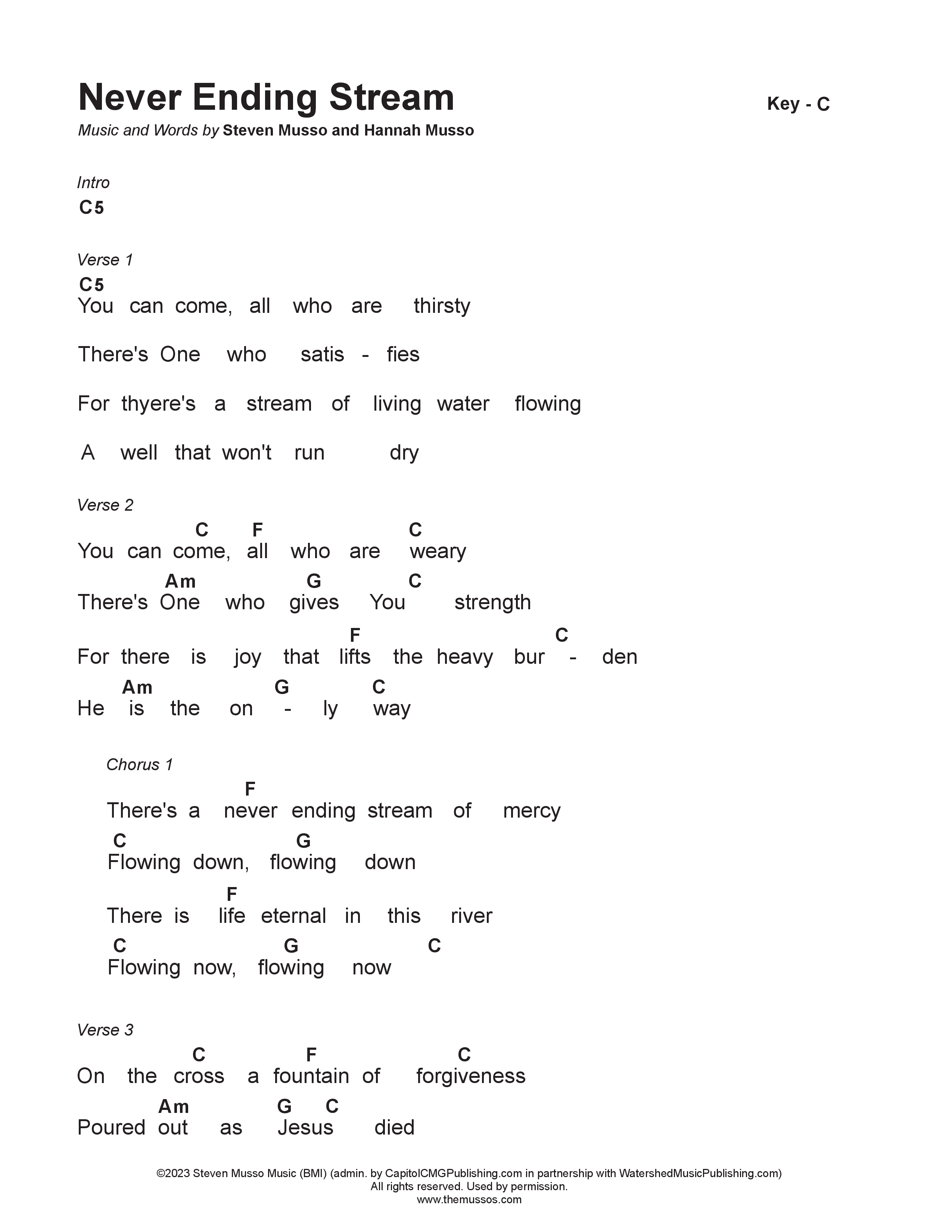 Never Ending Stream Chord Chart (Steven & Hannah Musso)