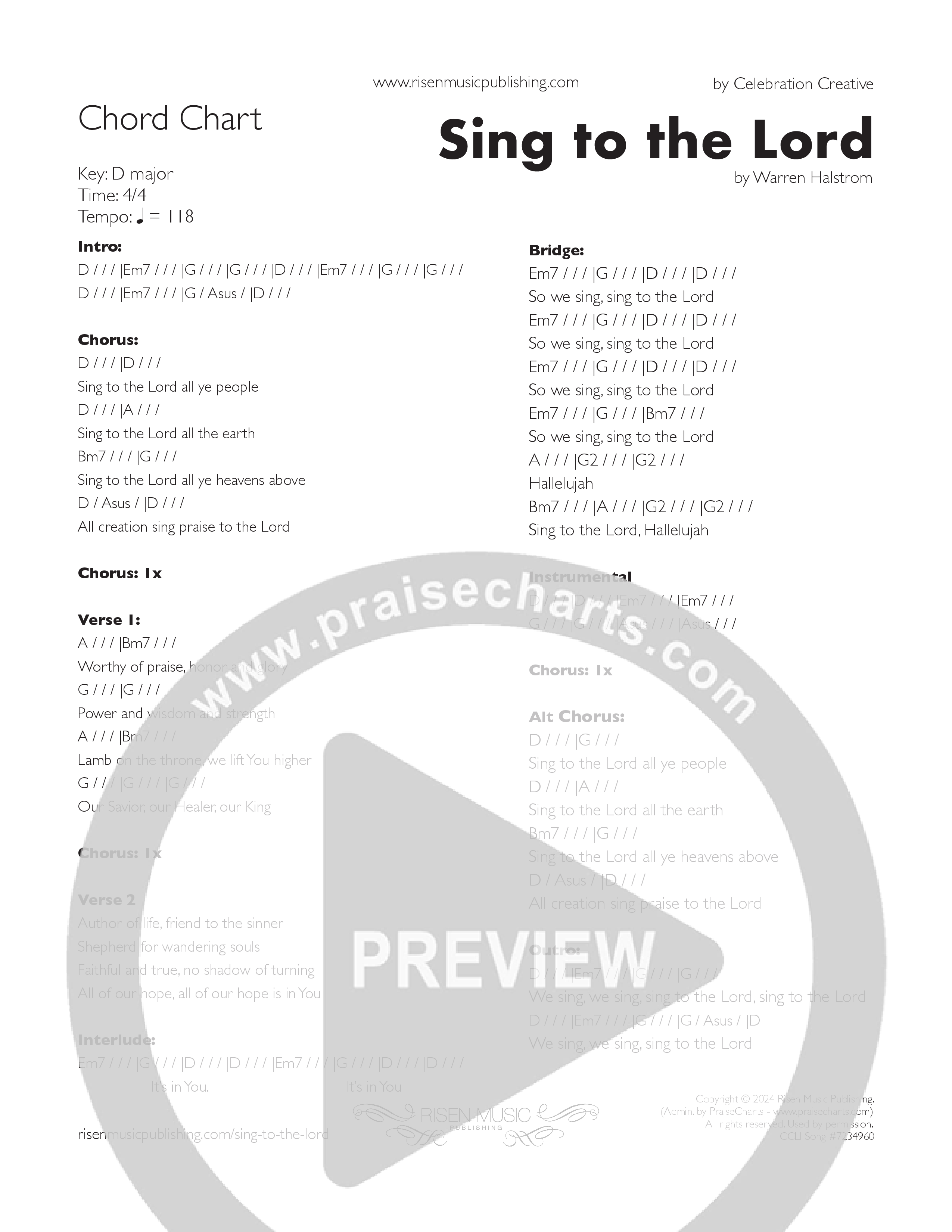 Sing To The Lord Chord Chart (Celebration Creative)