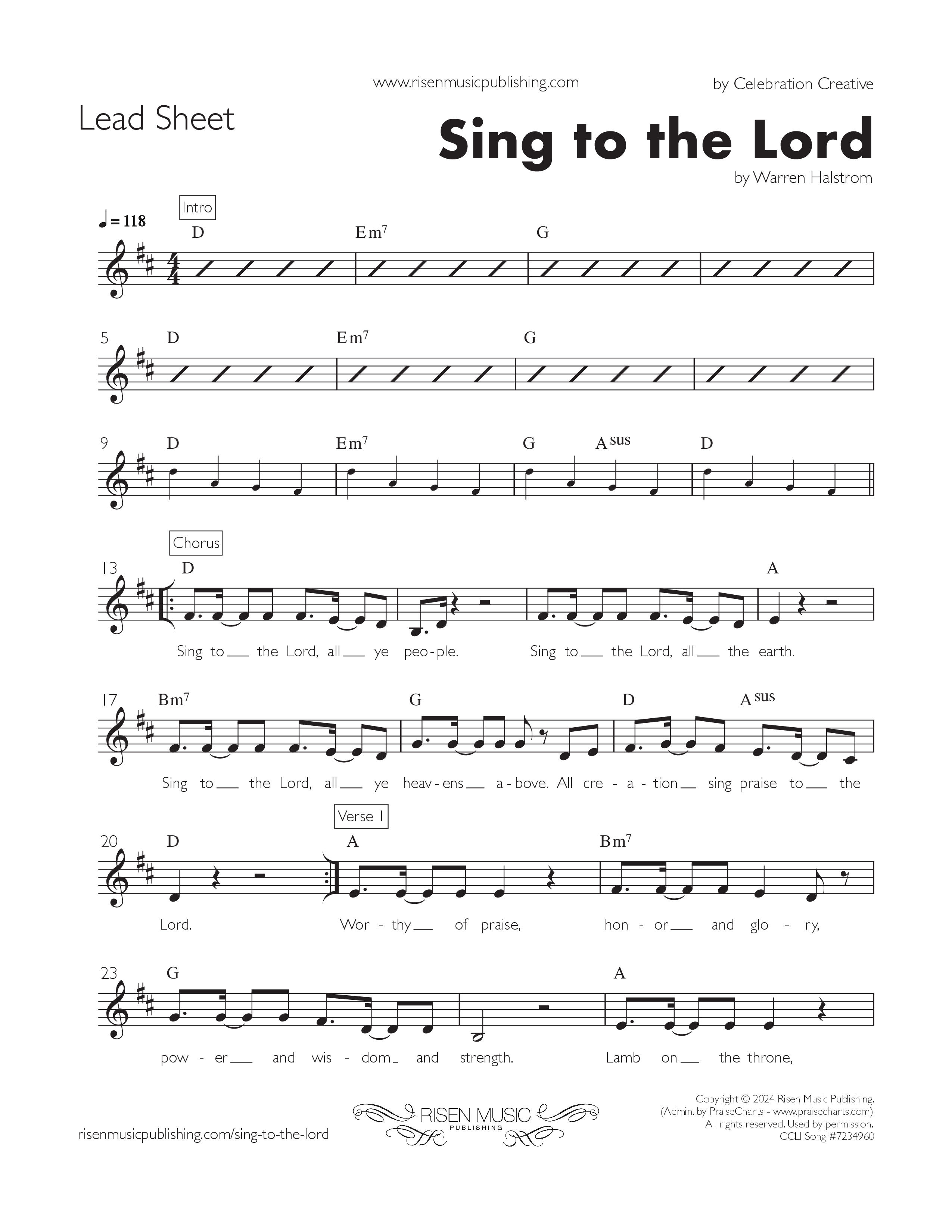 Sing To The Lord Lead Sheet (SAT) (Celebration Creative)