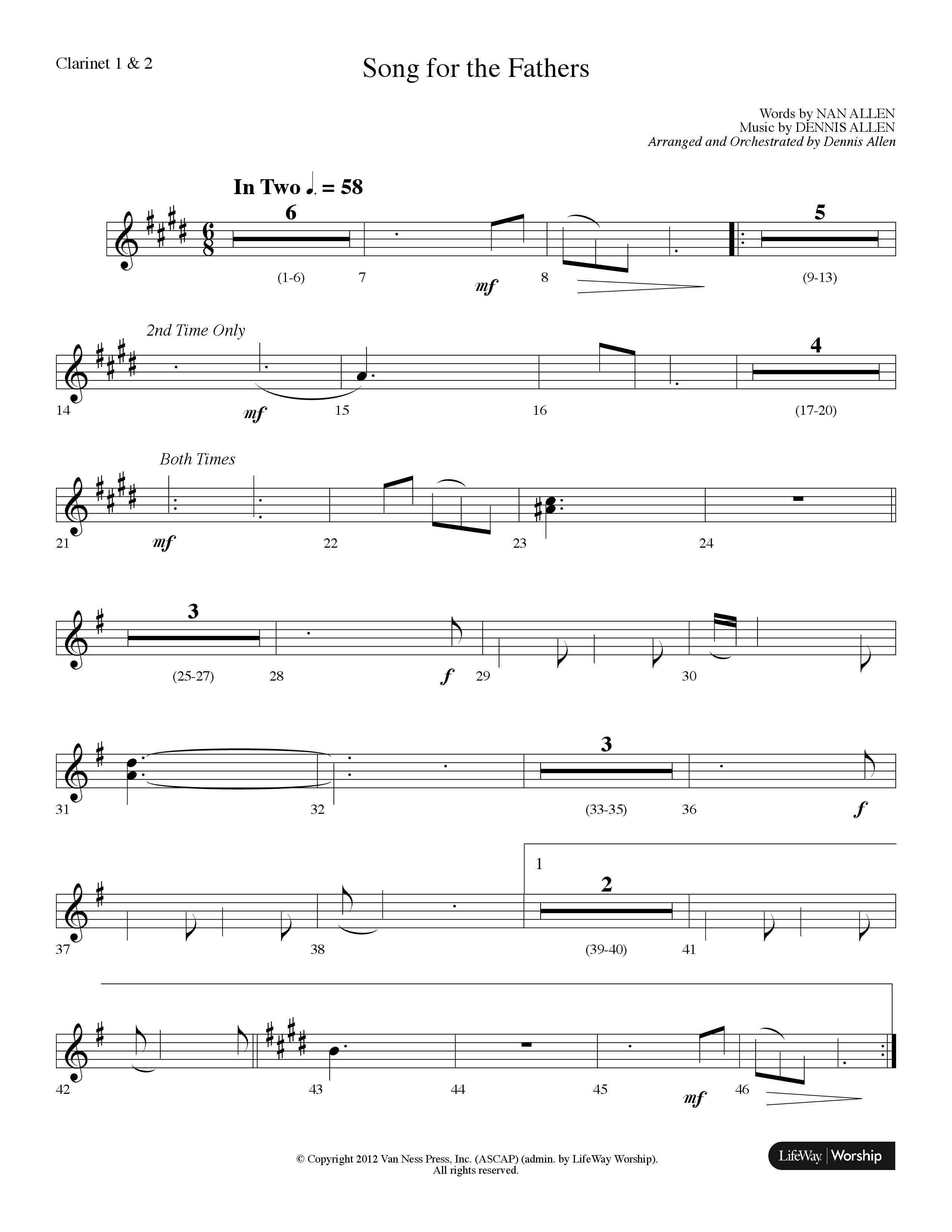 Song For The Fathers (Choral Anthem SATB) Clarinet 1/2 (Lifeway Choral / Arr. Dennis Allen)