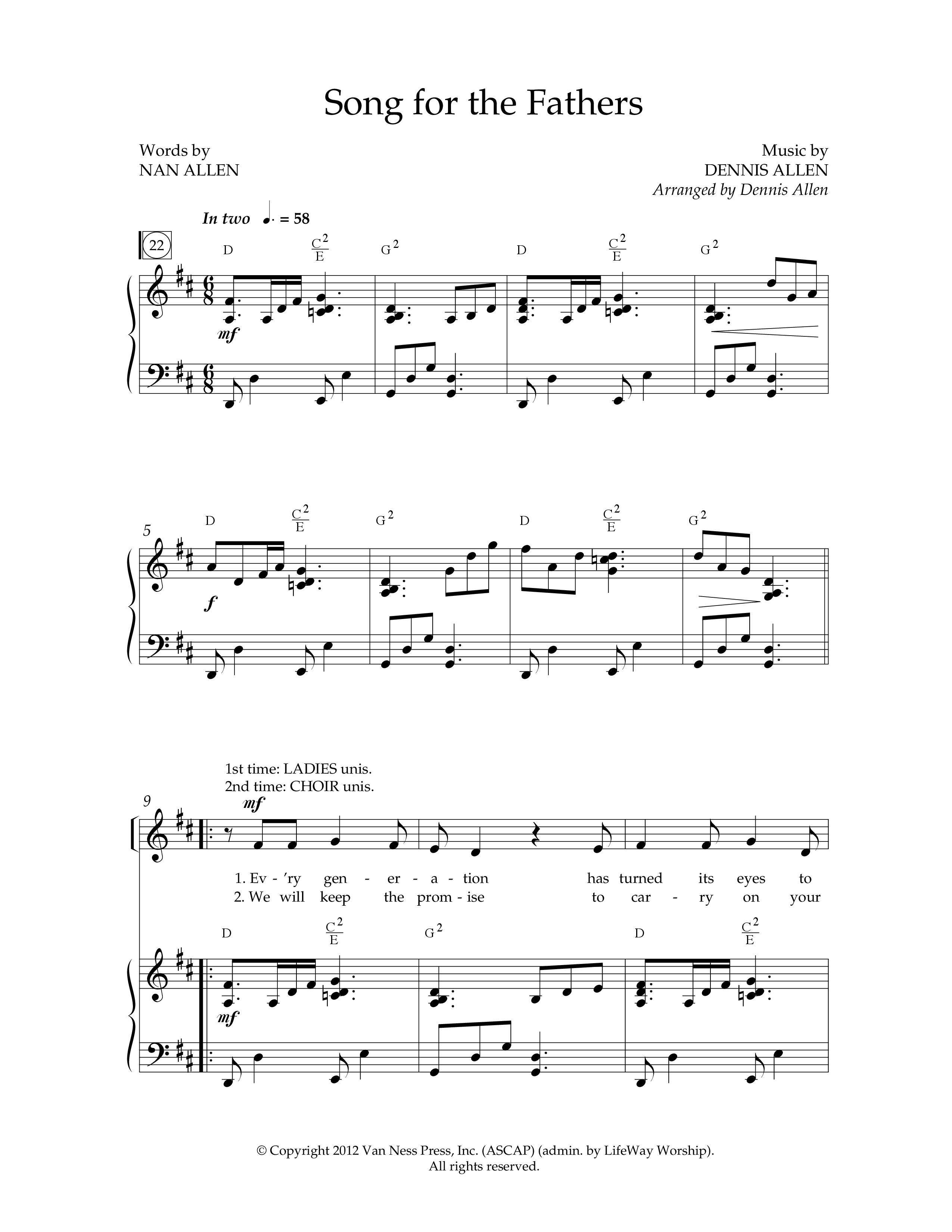 Song For The Fathers (Choral Anthem SATB) Anthem (SATB/Piano) (Lifeway Choral / Arr. Dennis Allen)