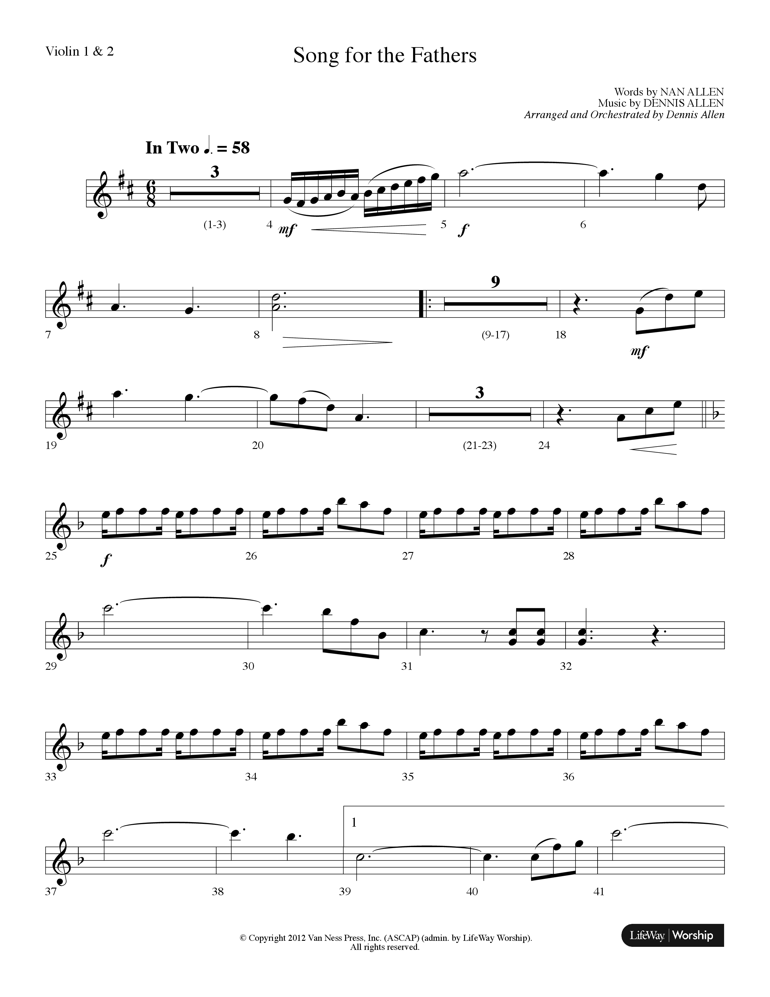 Song For The Fathers (Choral Anthem SATB) Violin 1/2 (Lifeway Choral / Arr. Dennis Allen)