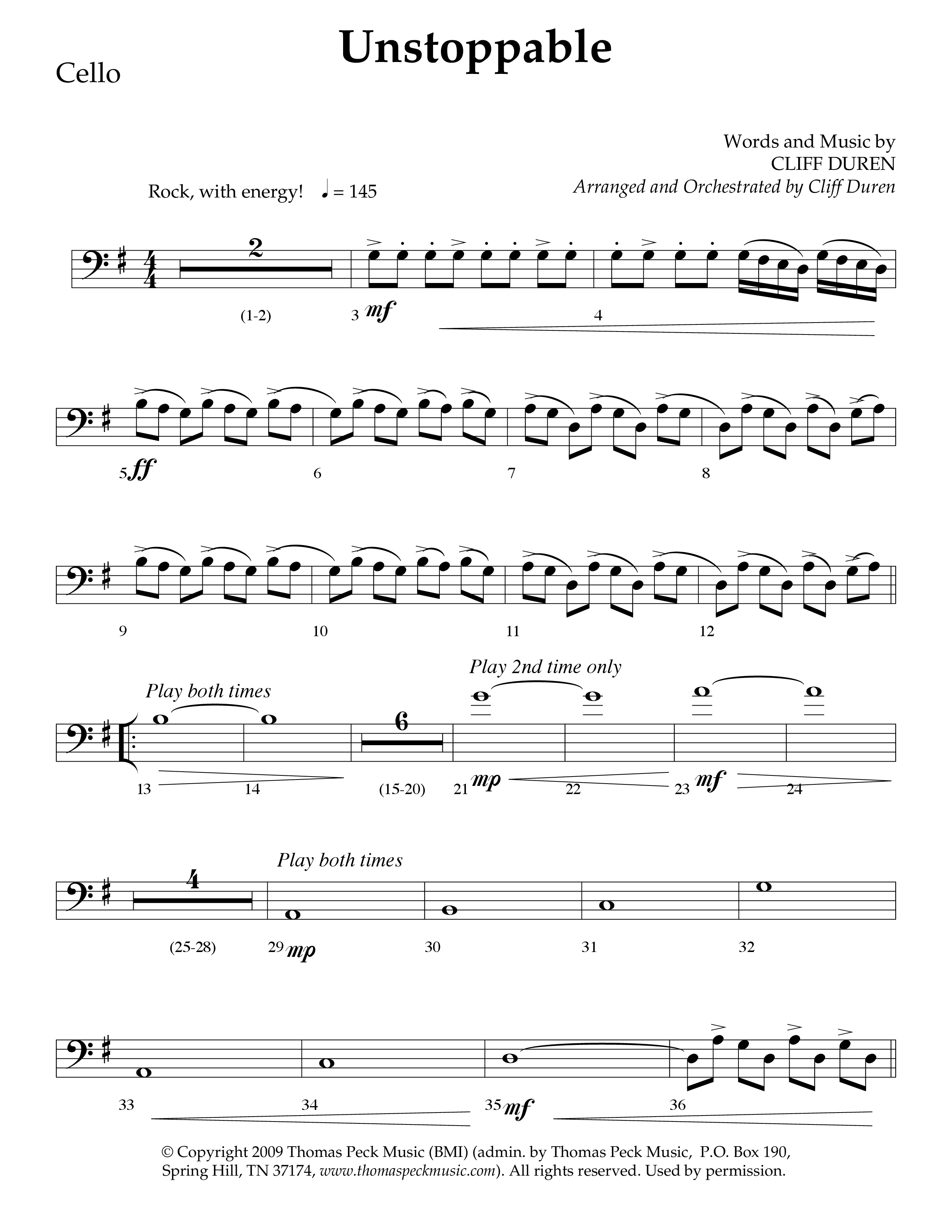 Unstoppable (Choral Anthem SATB) Cello (Lifeway Choral / Arr. Cliff Duren)
