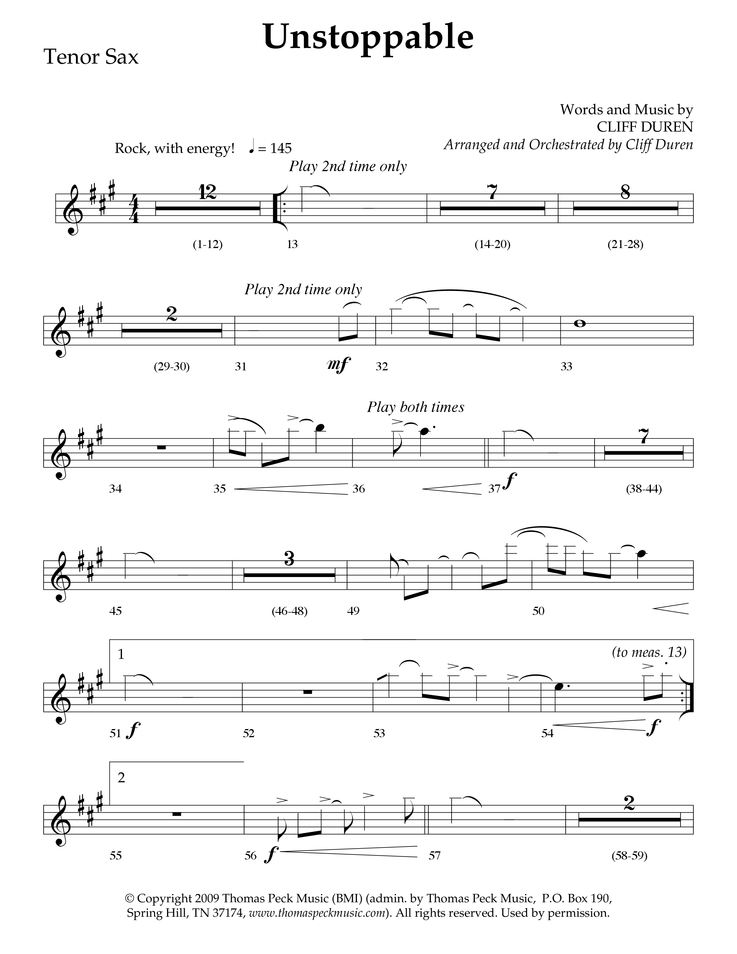 Unstoppable (Choral Anthem SATB) Tenor Sax 1 (Lifeway Choral / Arr. Cliff Duren)