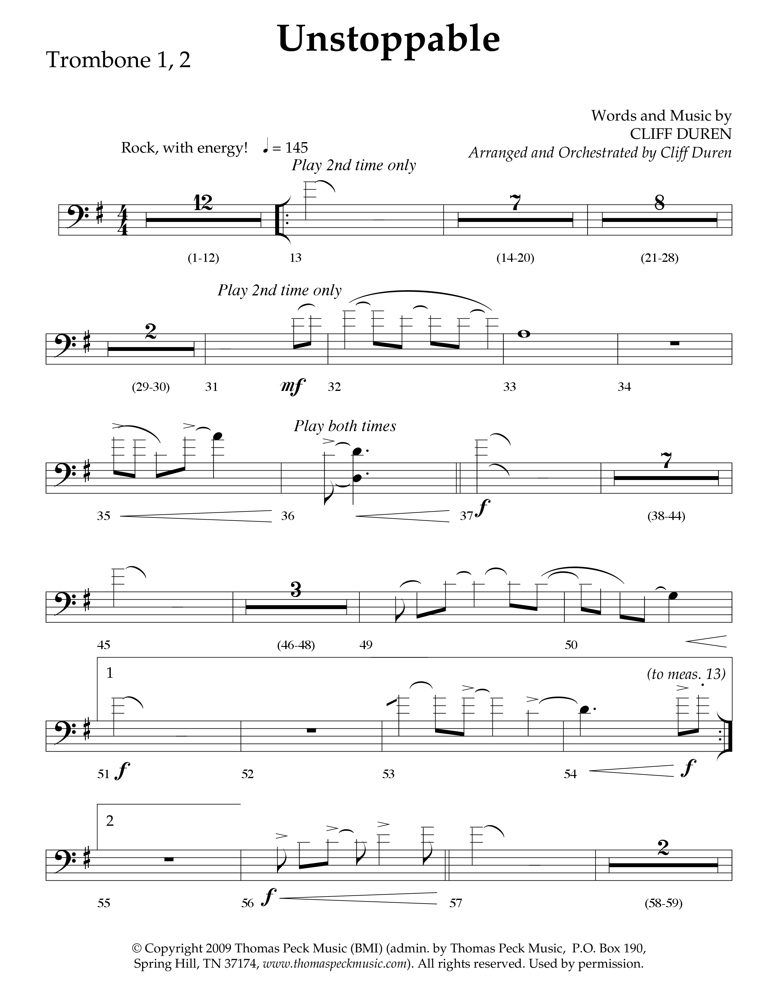 Unstoppable (Choral Anthem SATB) Trombone 1/2 (Lifeway Choral / Arr. Cliff Duren)