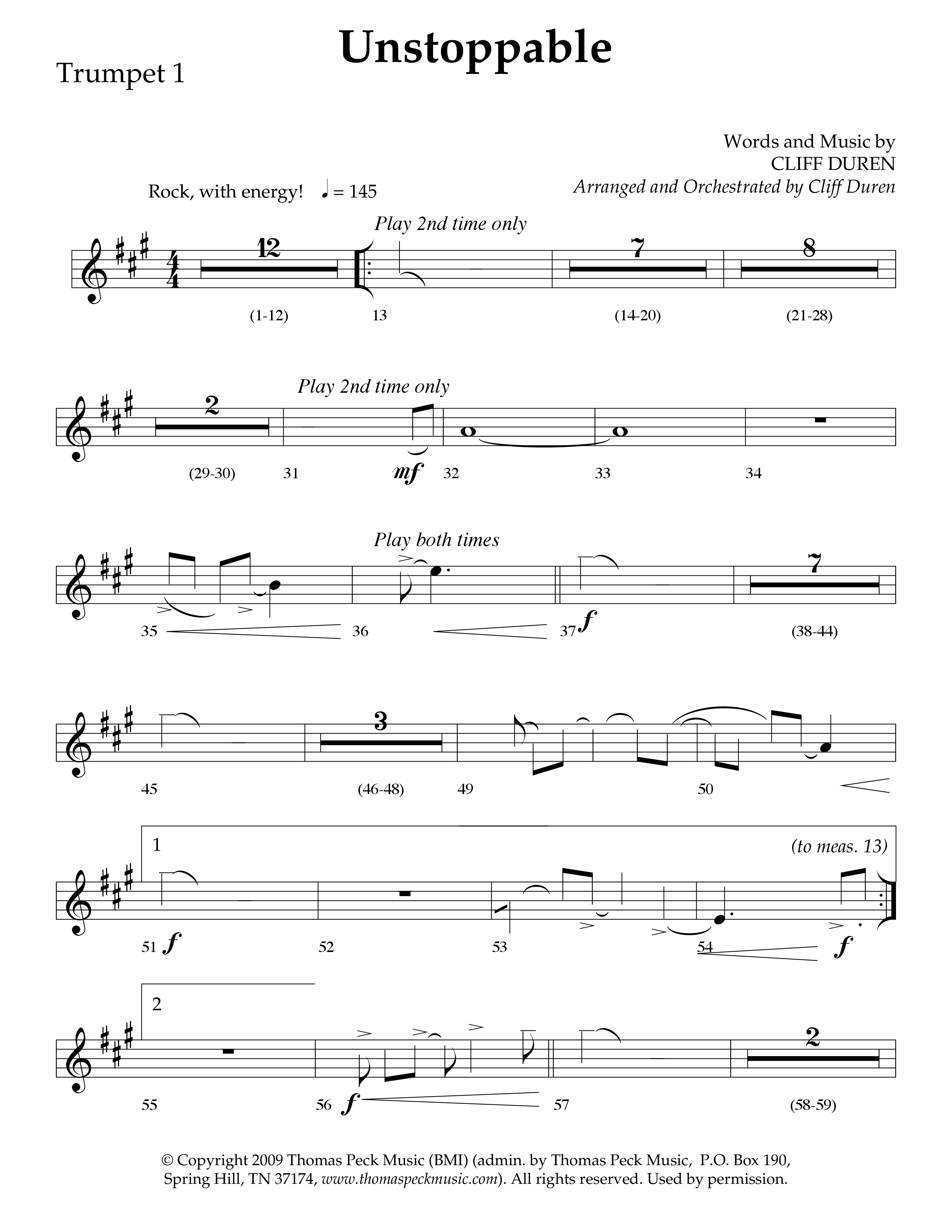 Unstoppable (Choral Anthem SATB) Trumpet 1 (Lifeway Choral / Arr. Cliff Duren)