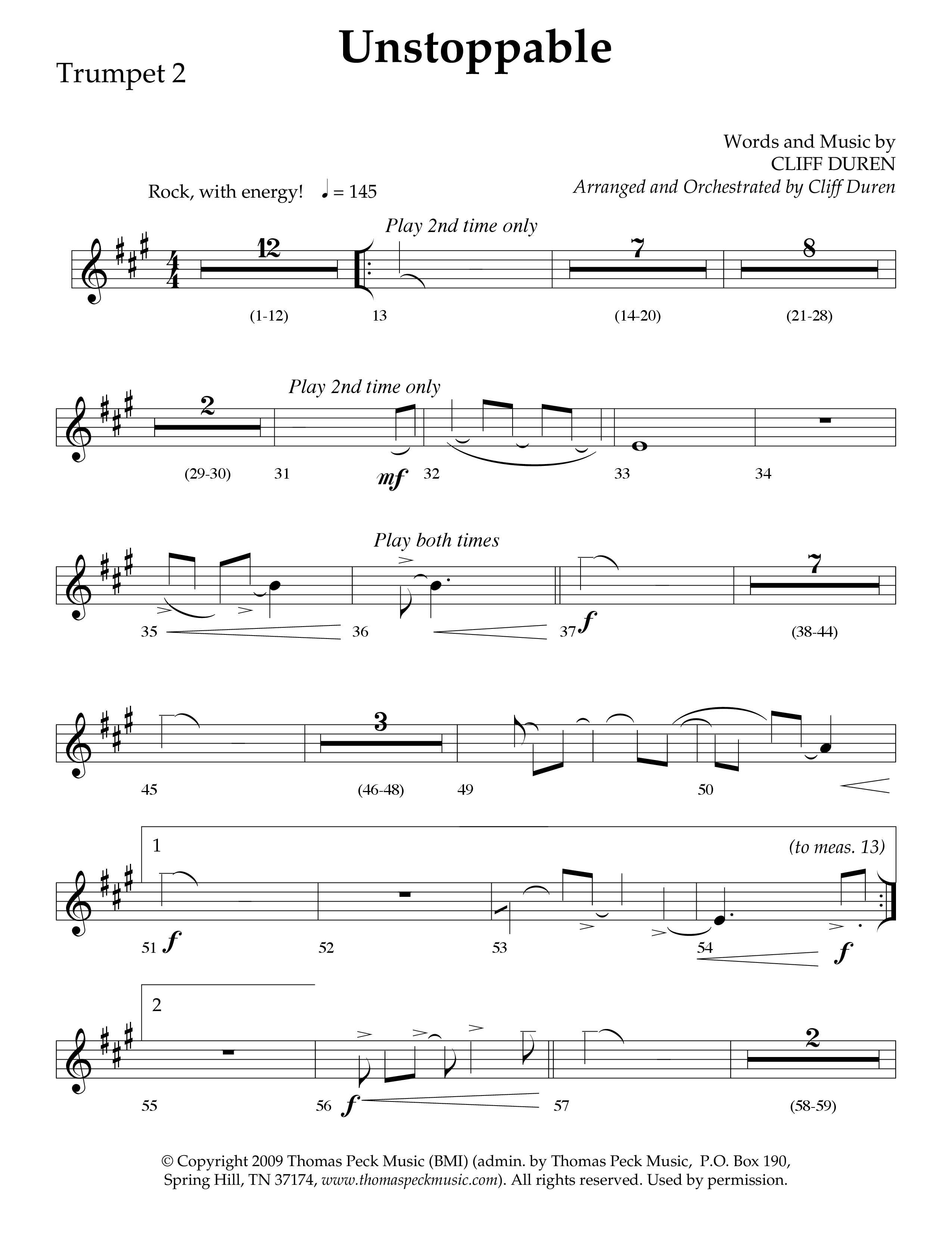 Unstoppable (Choral Anthem SATB) Trumpet 2 (Lifeway Choral / Arr. Cliff Duren)