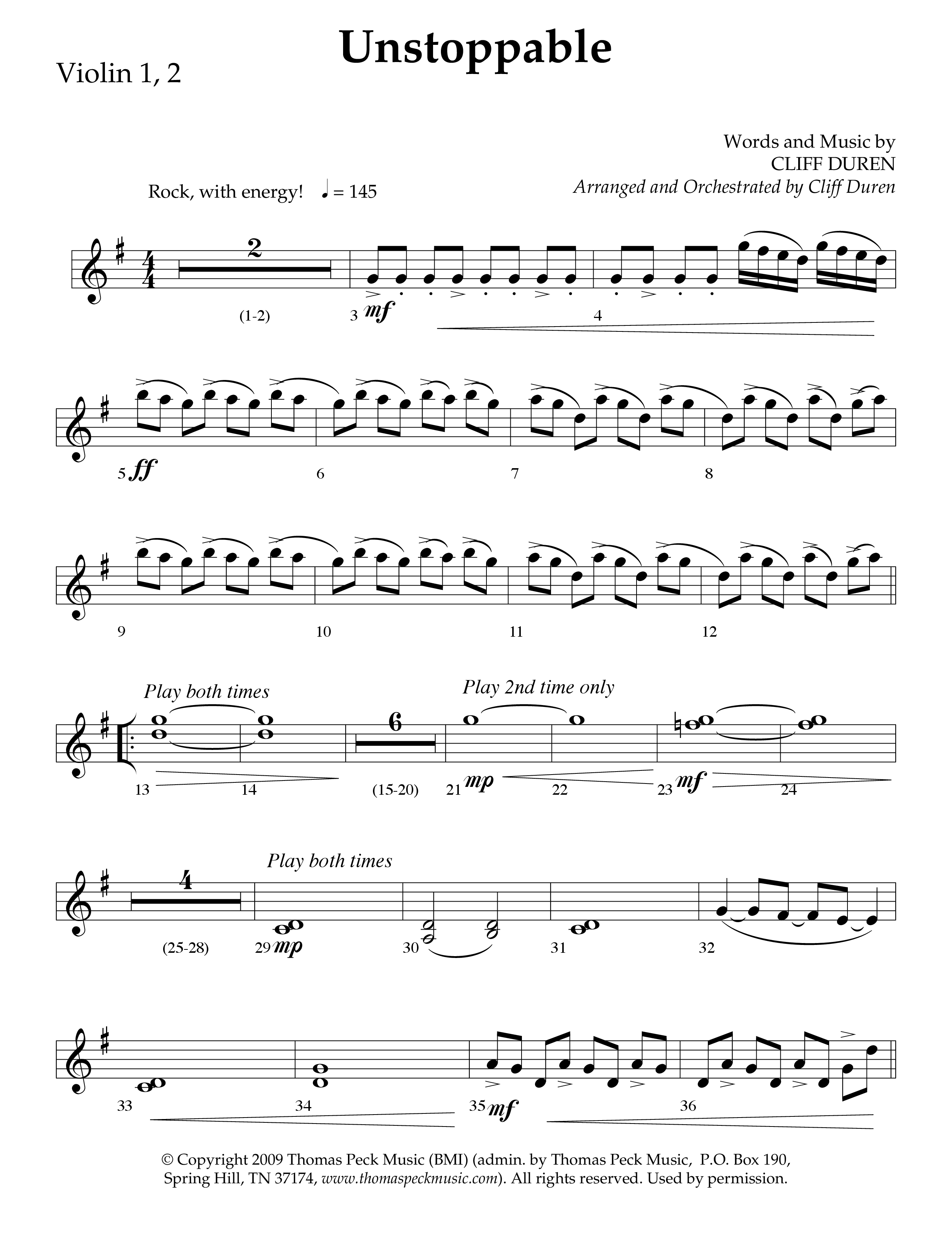 Unstoppable (Choral Anthem SATB) Violin 1/2 (Lifeway Choral / Arr. Cliff Duren)