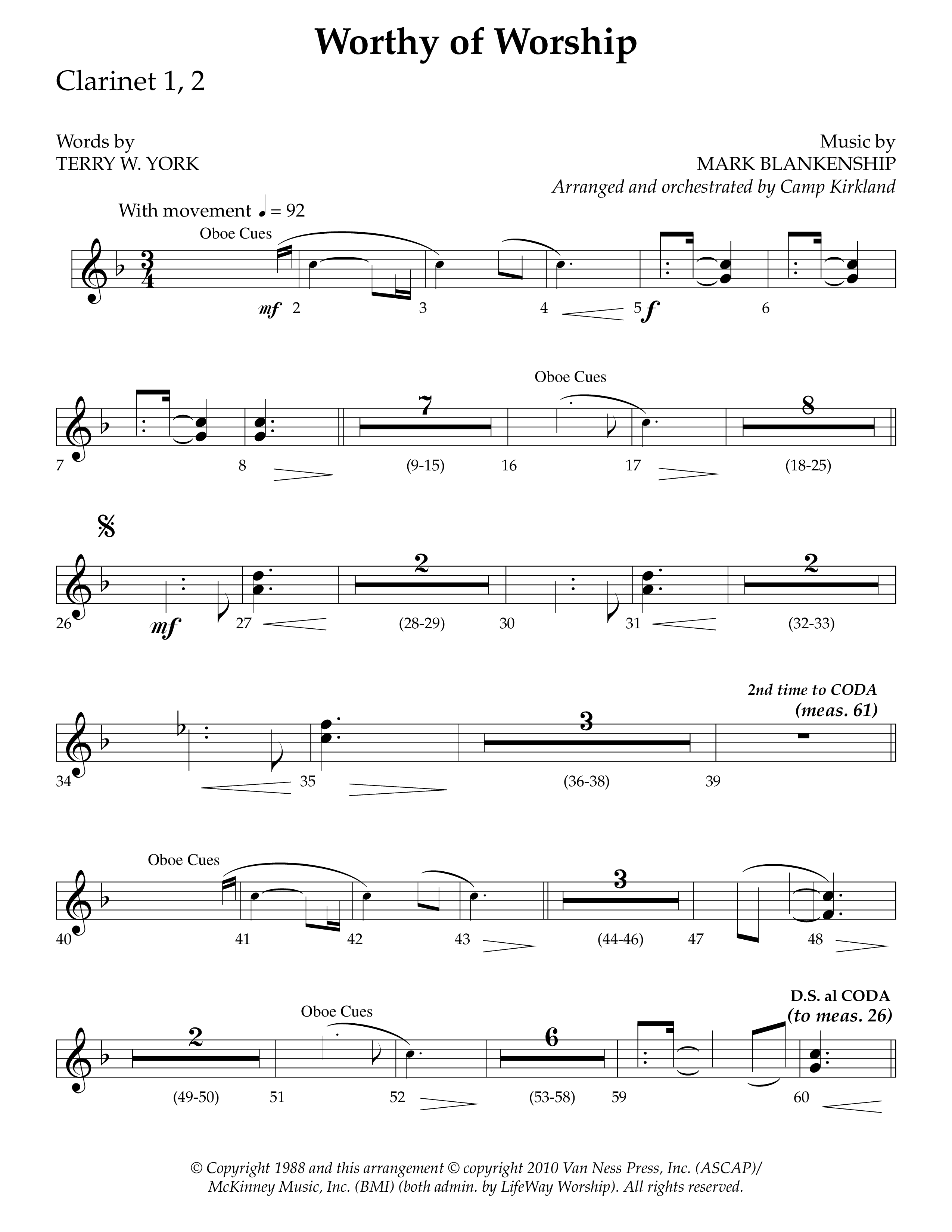 Worthy Of Worship (Choral Anthem SATB) Clarinet 1/2 (Lifeway Choral / Arr. Camp Kirkland)
