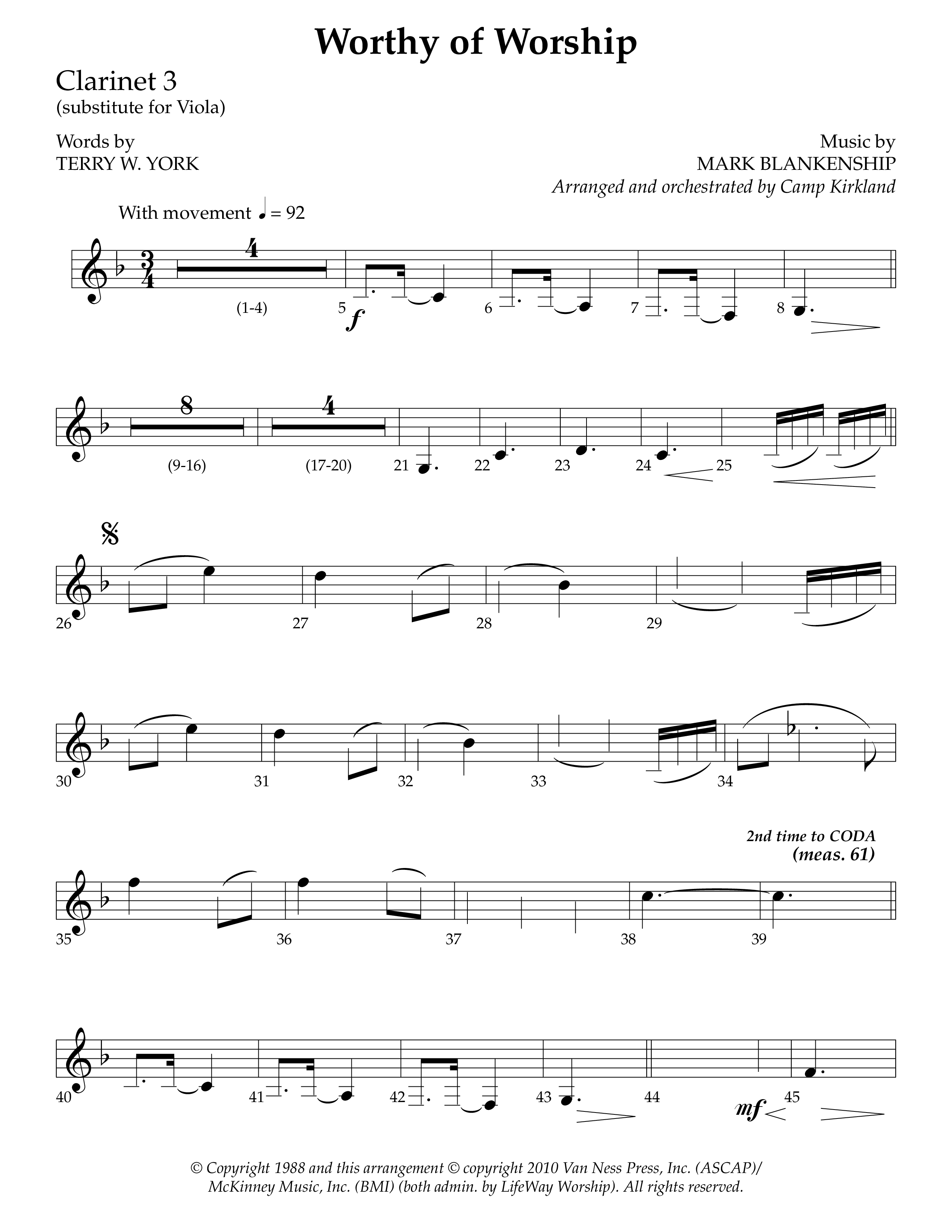 Worthy Of Worship (Choral Anthem SATB) Clarinet 3 (Lifeway Choral / Arr. Camp Kirkland)