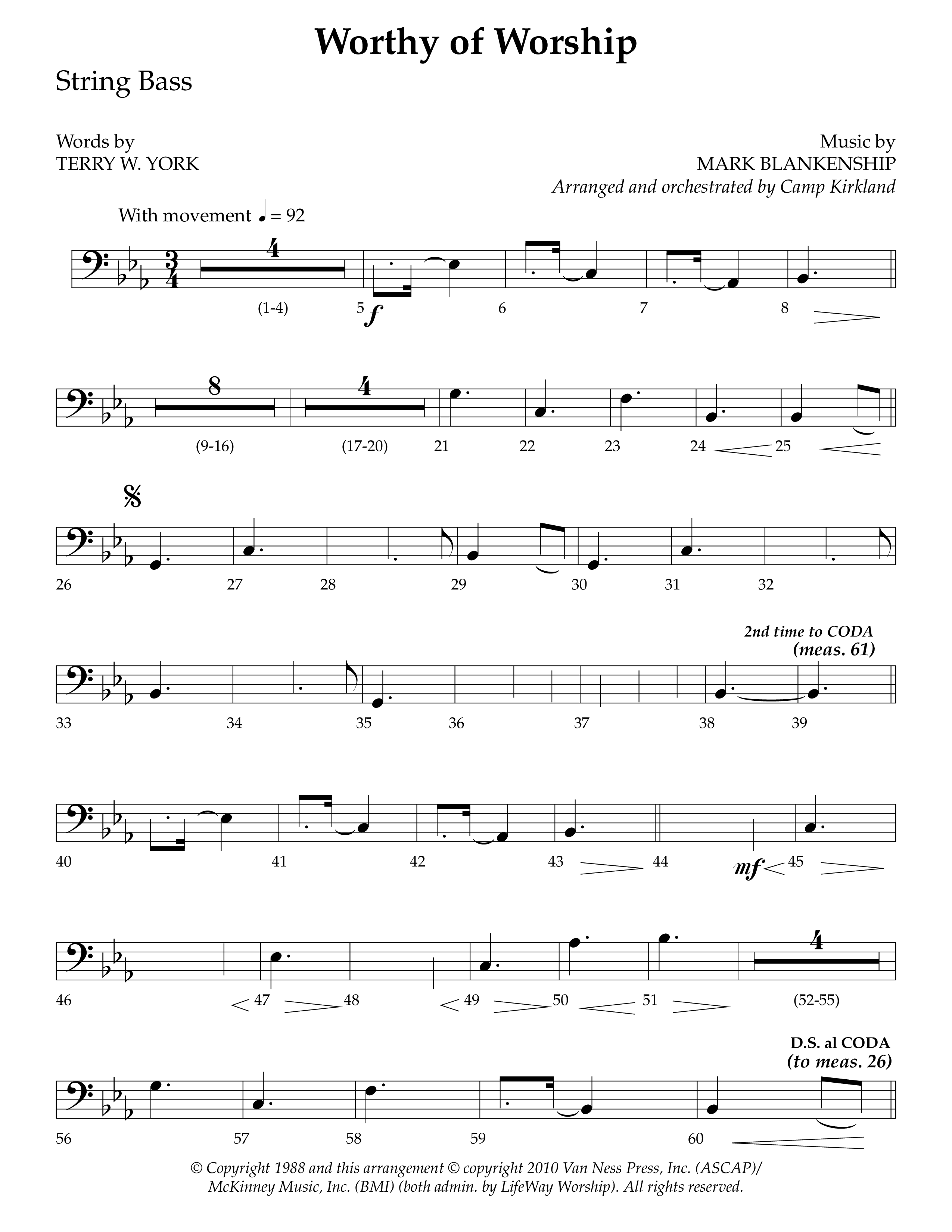 Worthy Of Worship (Choral Anthem SATB) String Bass (Lifeway Choral / Arr. Camp Kirkland)