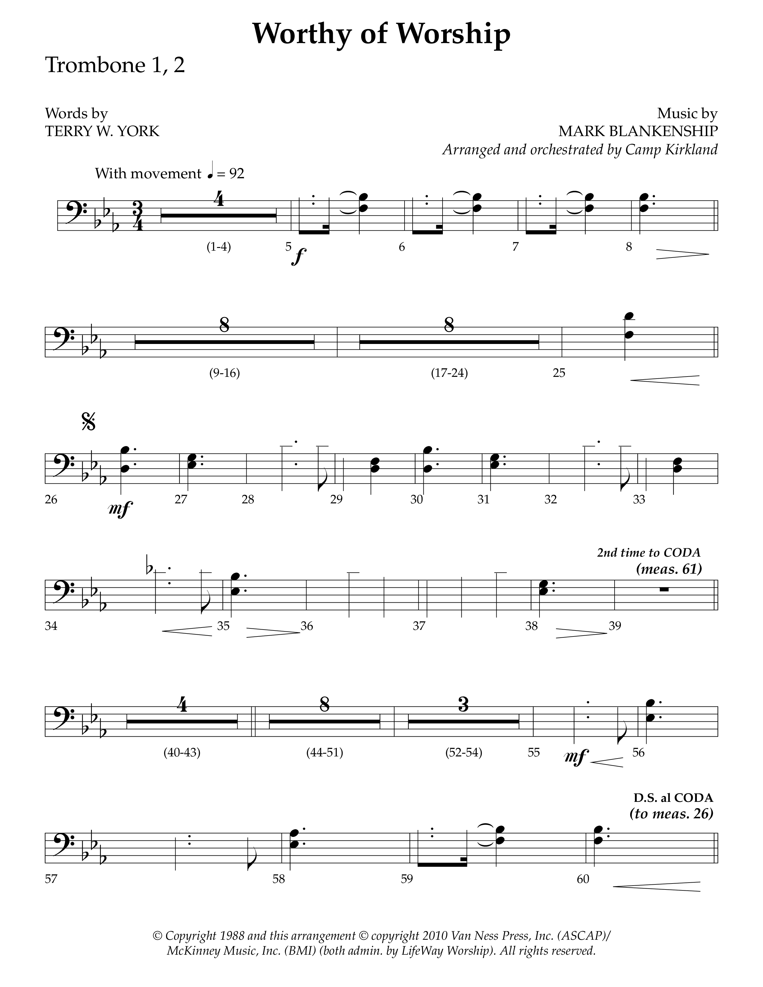 Worthy Of Worship (Choral Anthem SATB) Trombone 1/2 (Lifeway Choral / Arr. Camp Kirkland)