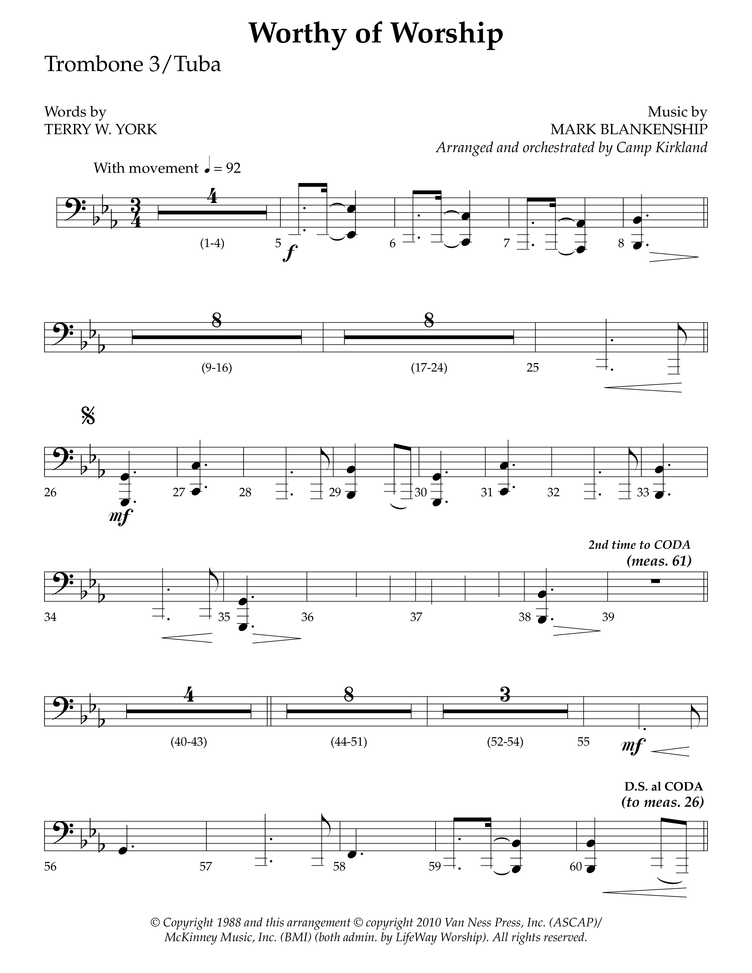 Worthy Of Worship (Choral Anthem SATB) Trombone 3/Tuba (Lifeway Choral / Arr. Camp Kirkland)