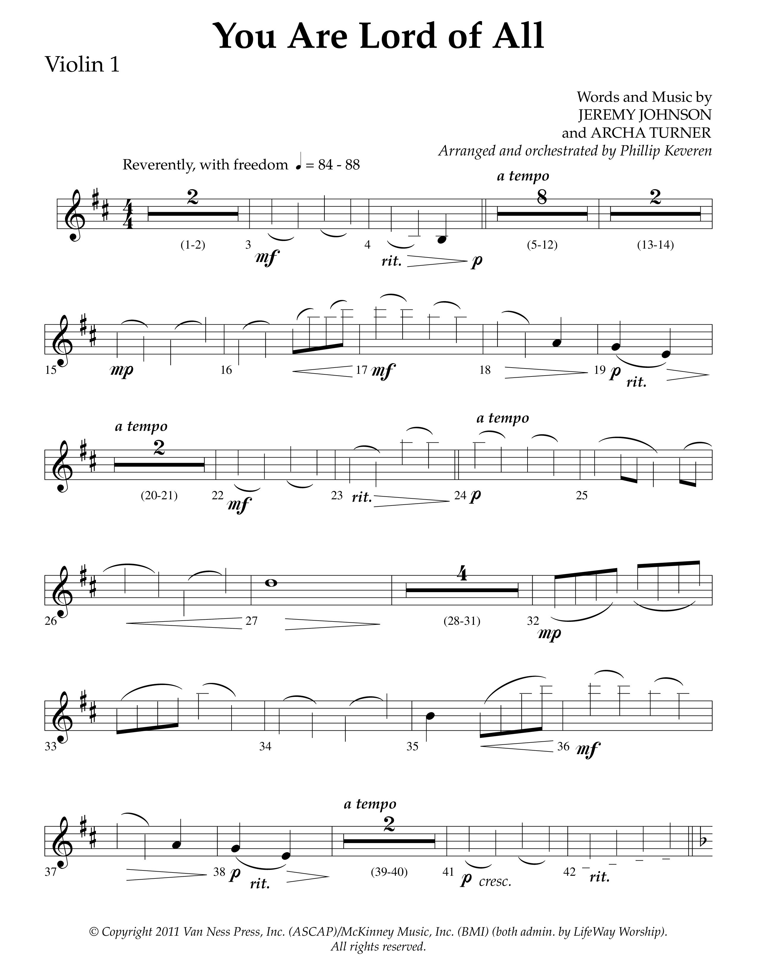 You Are Lord Of All (Choral Anthem SATB) Violin 1 (Lifeway Choral / Arr. Phillip Keveren)