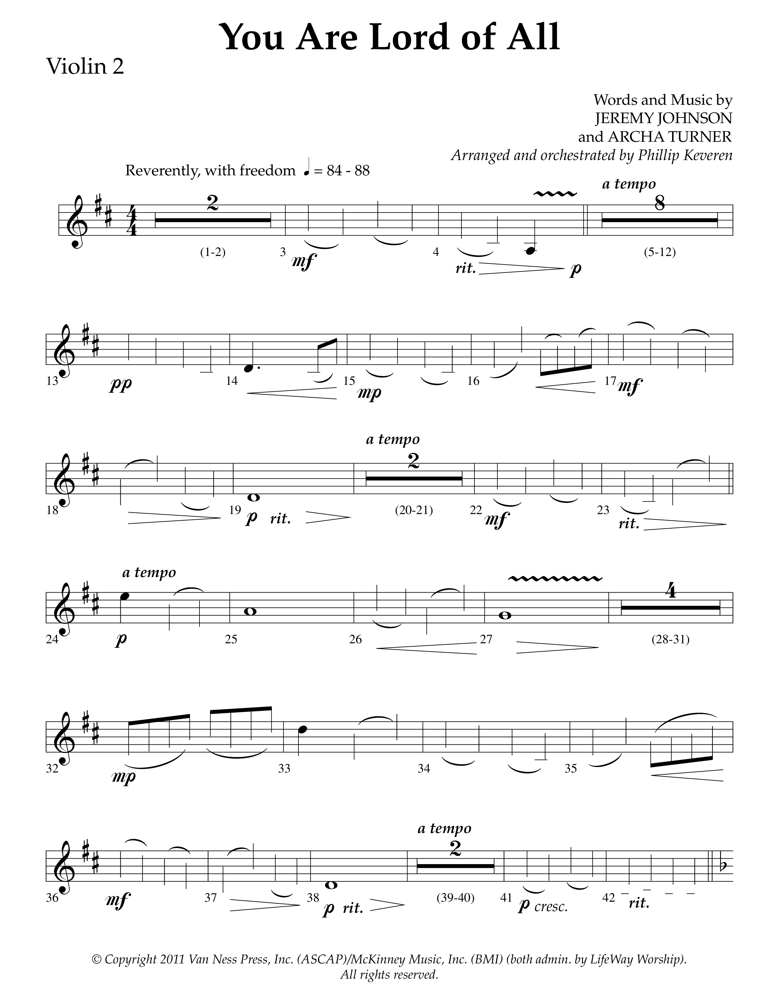 You Are Lord Of All (Choral Anthem SATB) Violin 2 (Lifeway Choral / Arr. Phillip Keveren)