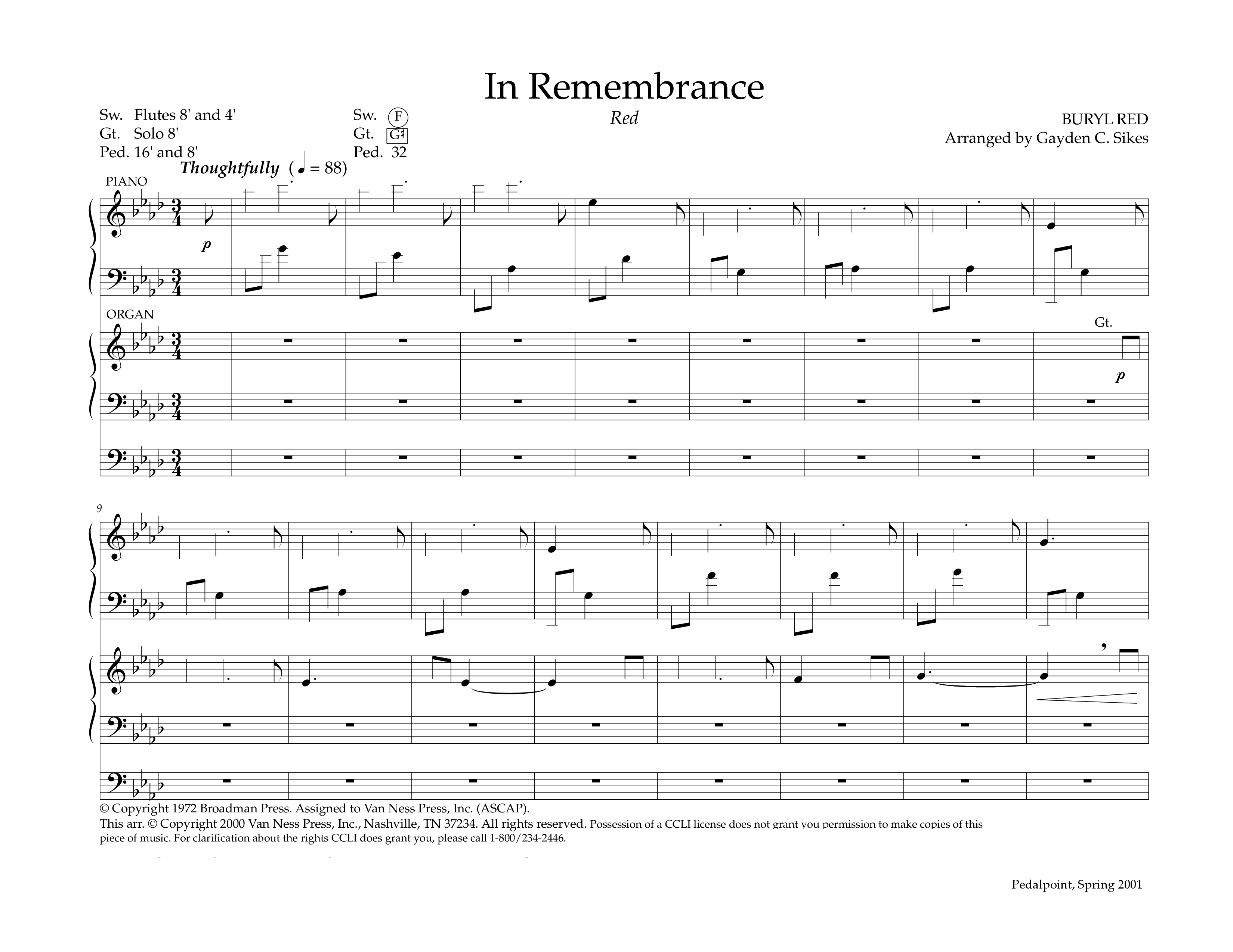 In Remembrance (Instrumental) Piano-Organ (Lifeway Worship / Arr. Gayden C. Sikes)