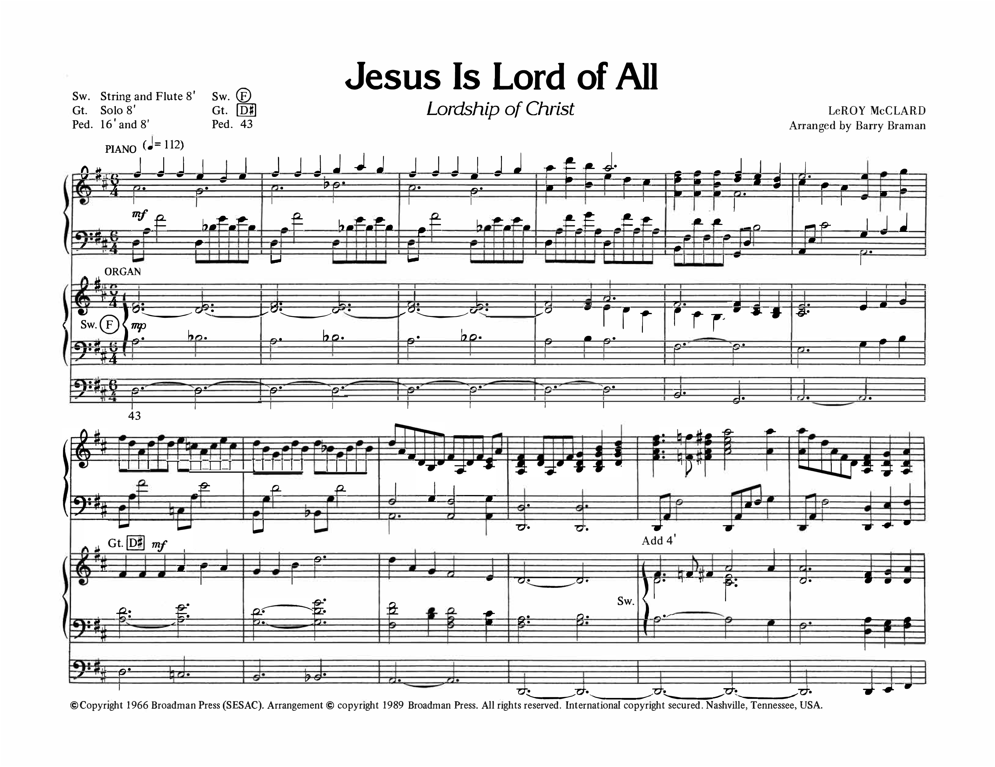 Jesus Is Lord Of All (Instrumental) Organ (Lifeway Worship / Arr. Barry Braman)
