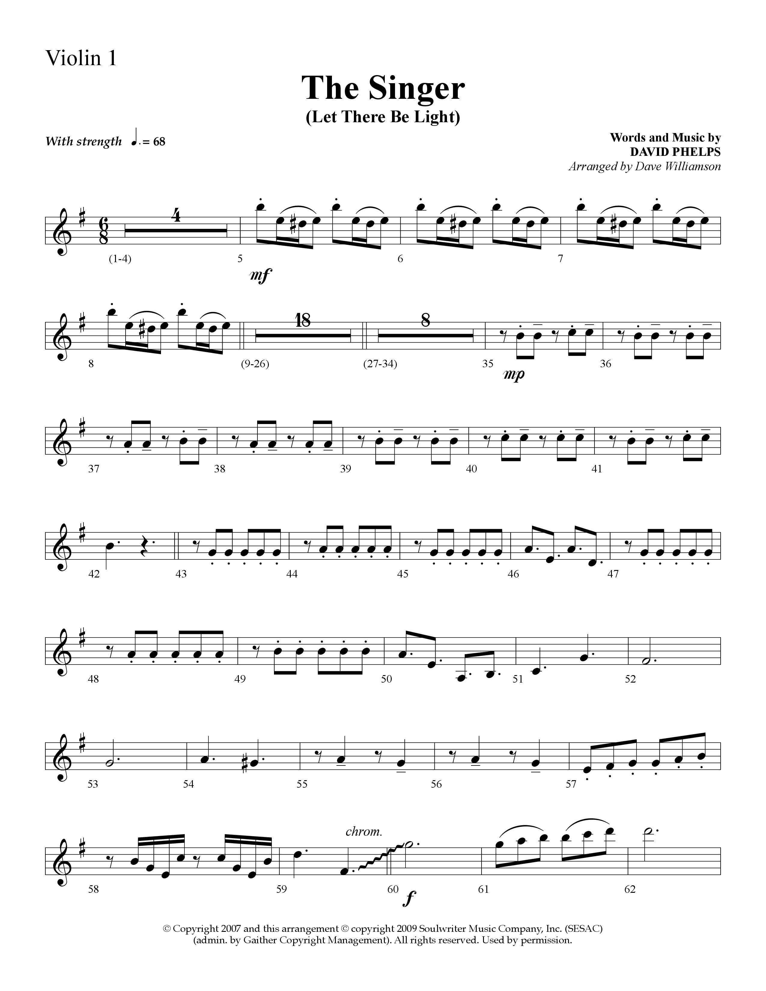 The Singer (Let There Be Light) (Choral Anthem SATB) Violin 1 (Lifeway Choral / Arr. Dave Williamson)