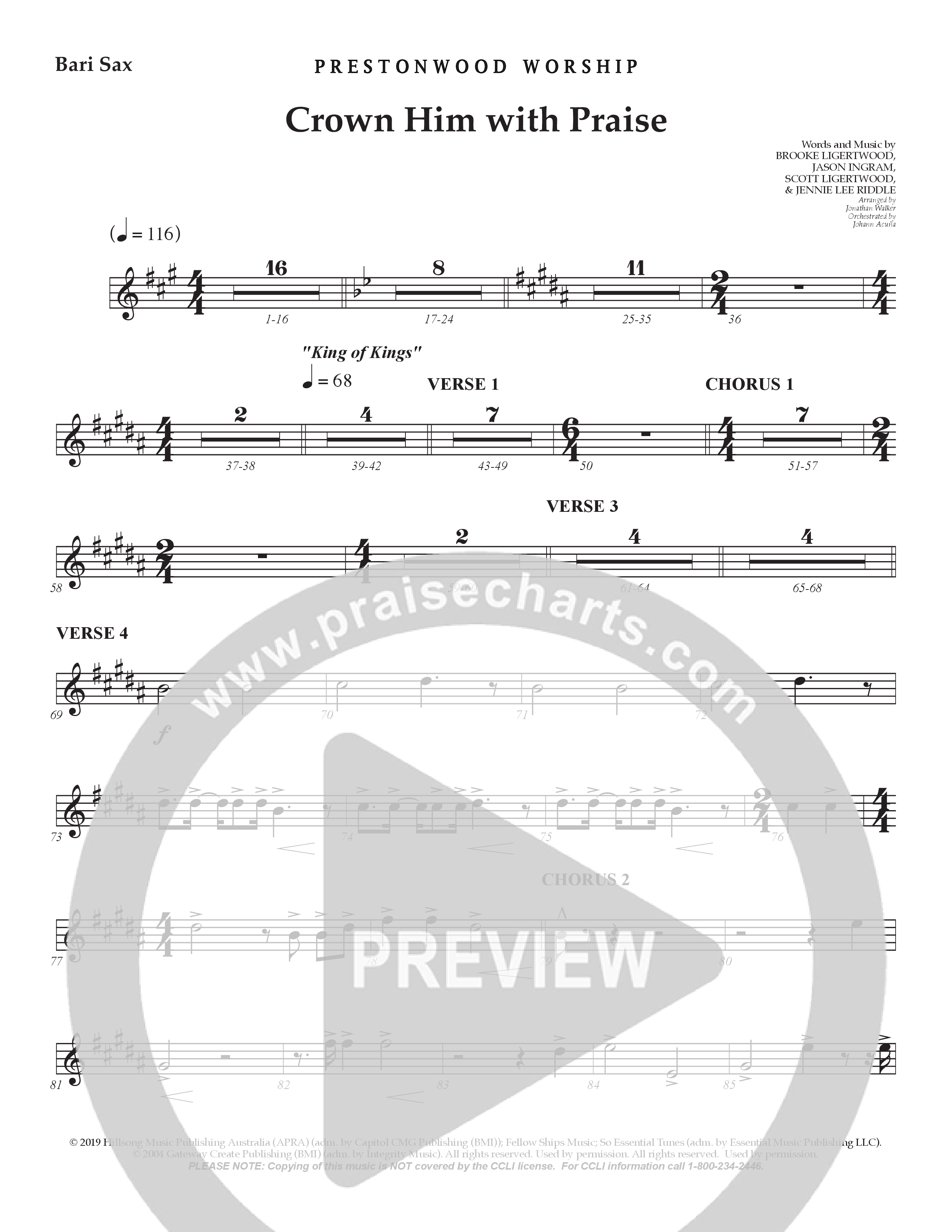 Crown Him With Praise (Choral Anthem SATB) Bari Sax (Prestonwood Choir / Prestonwood Worship / Arr. Jonathan Walker / Orch. Johann Acuna)