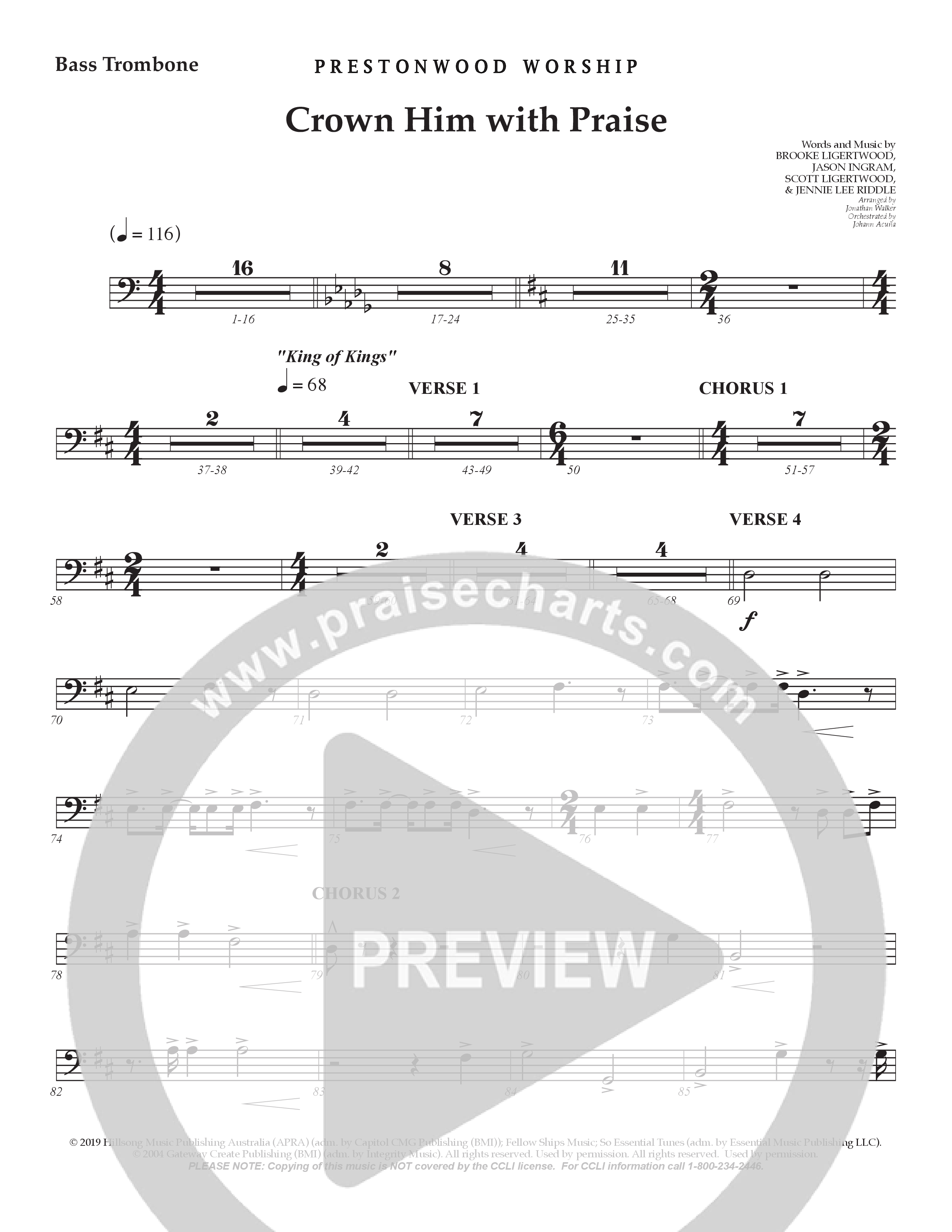 Crown Him With Praise (Choral Anthem SATB) Bass Trombone (Prestonwood Choir / Prestonwood Worship / Arr. Jonathan Walker / Orch. Johann Acuna)
