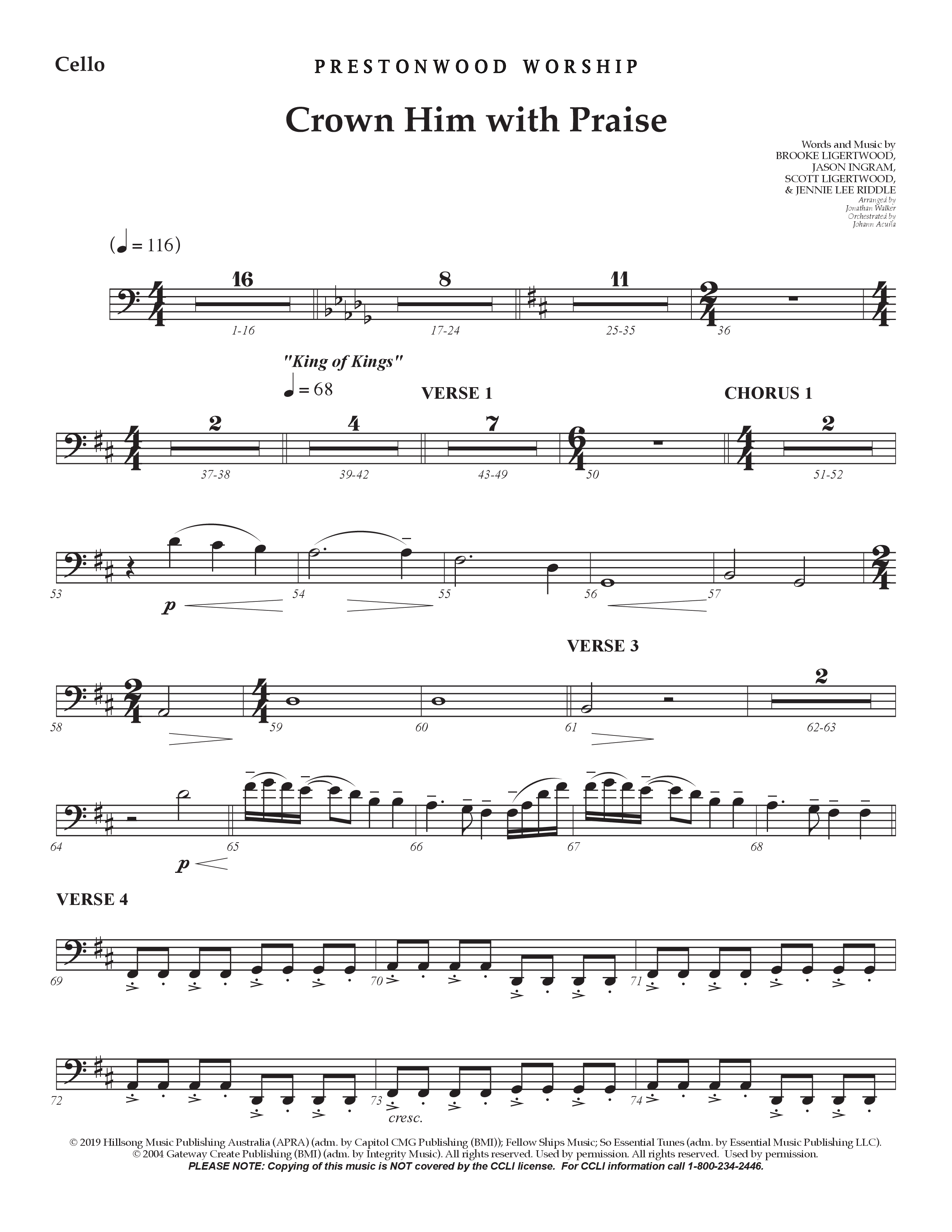 Crown Him With Praise (Choral Anthem SATB) Cello (Prestonwood Choir / Prestonwood Worship / Arr. Jonathan Walker / Orch. Johann Acuna)