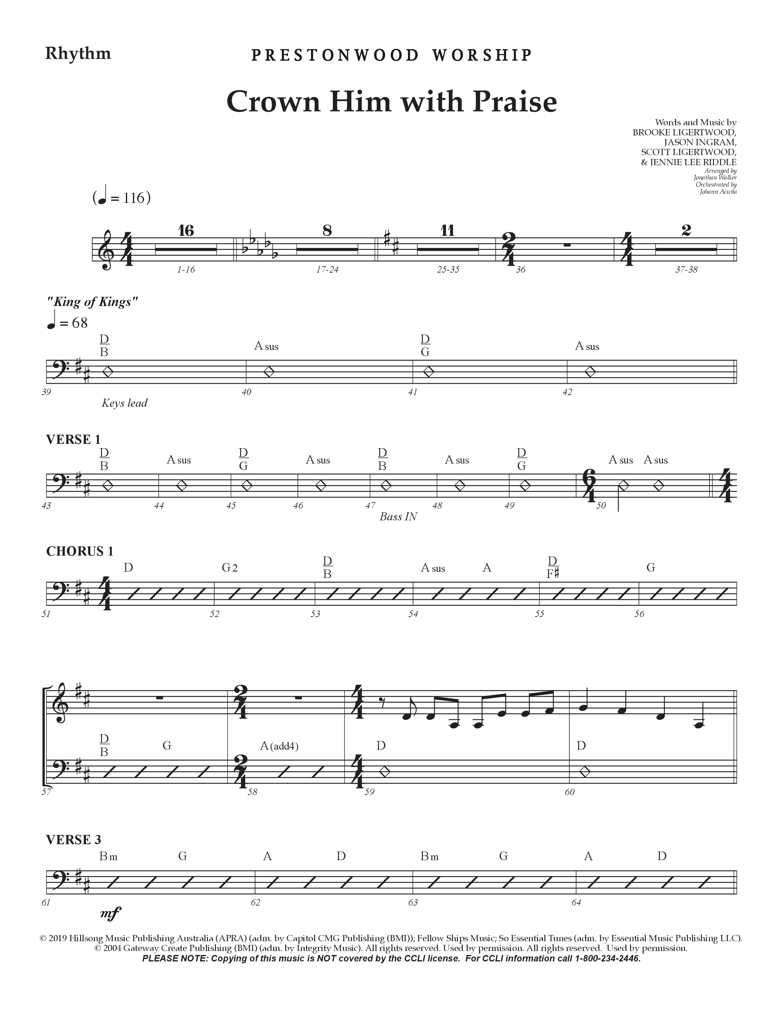 Crown Him With Praise (Choral Anthem SATB) Rhythm Chart (Prestonwood Choir / Prestonwood Worship / Arr. Jonathan Walker / Orch. Johann Acuna)