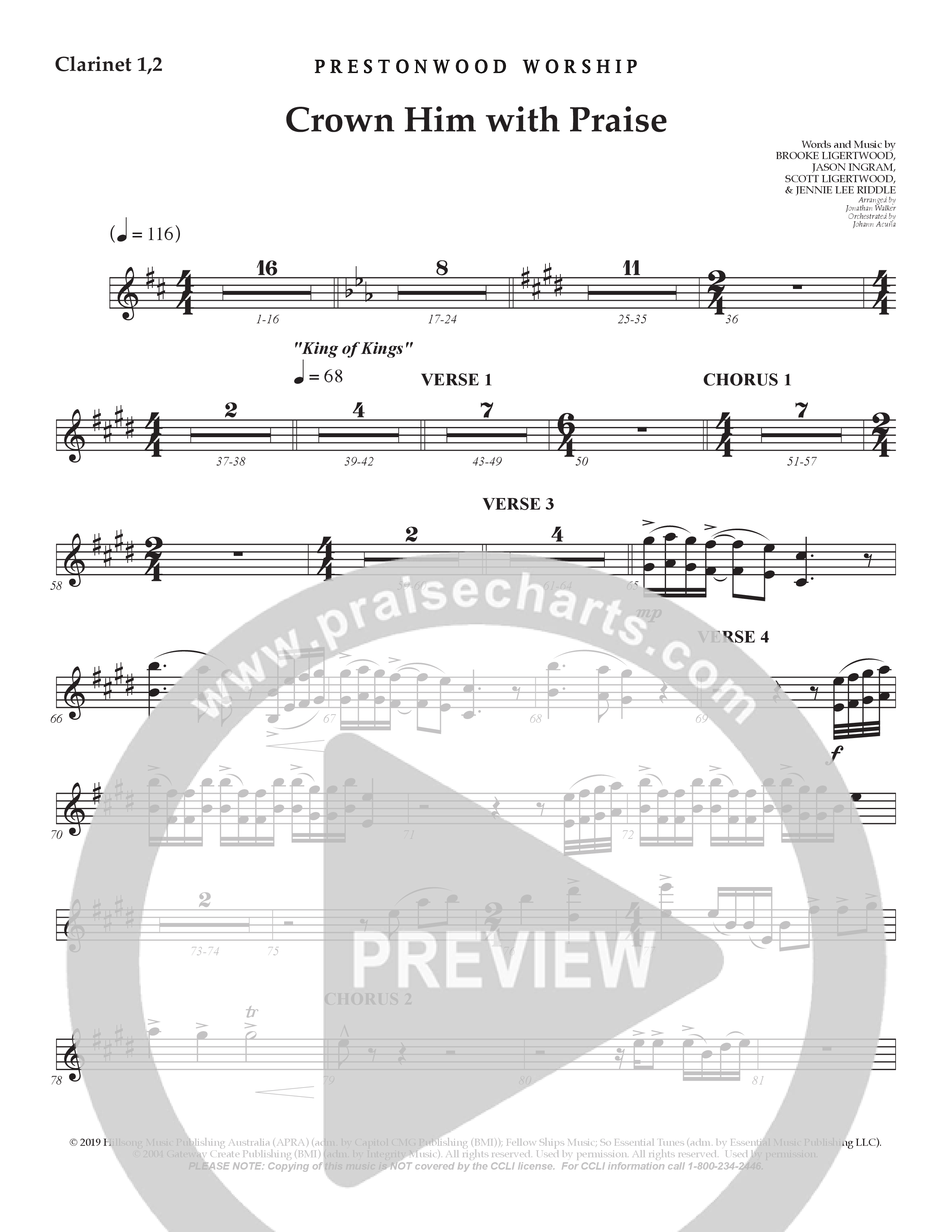 Crown Him With Praise (Choral Anthem SATB) Clarinet 1/2 (Prestonwood Choir / Prestonwood Worship / Arr. Jonathan Walker / Orch. Johann Acuna)