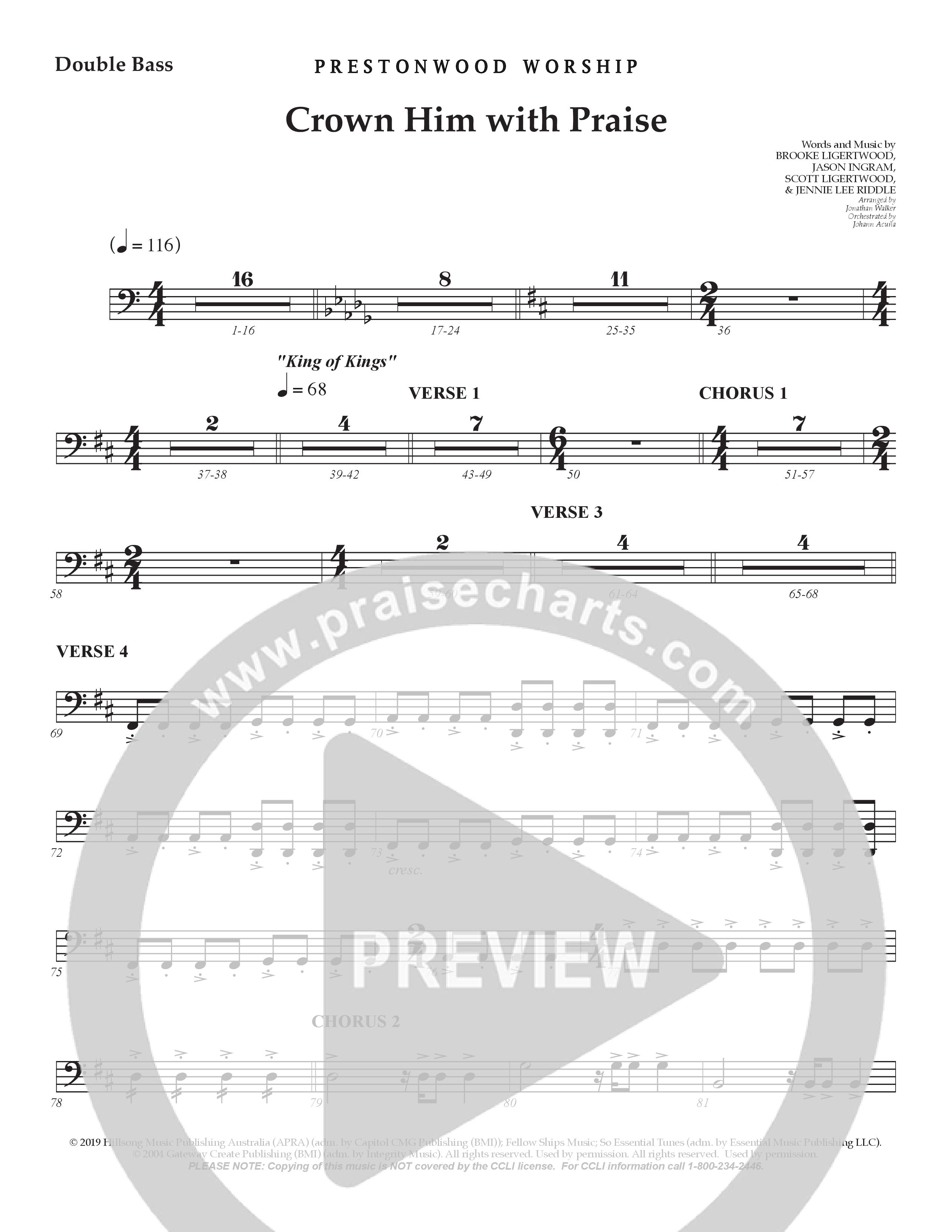 Crown Him With Praise (Choral Anthem SATB) Double Bass (Prestonwood Choir / Prestonwood Worship / Arr. Jonathan Walker / Orch. Johann Acuna)