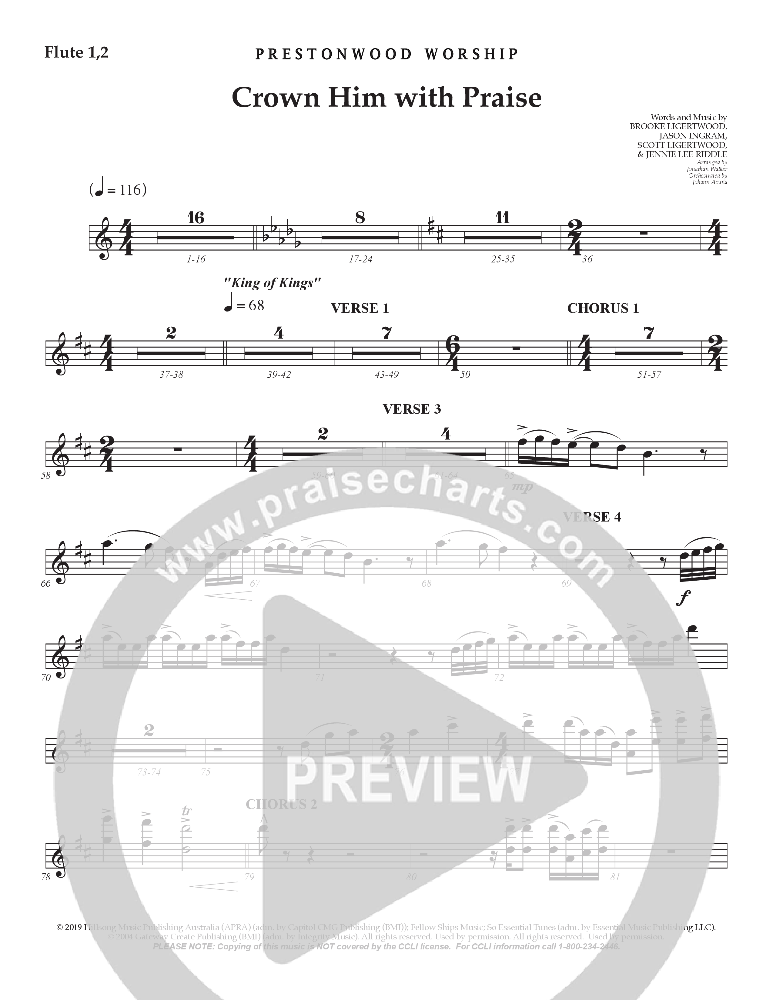 Crown Him With Praise (Choral Anthem SATB) Flute 1/2 (Prestonwood Choir / Prestonwood Worship / Arr. Jonathan Walker / Orch. Johann Acuna)