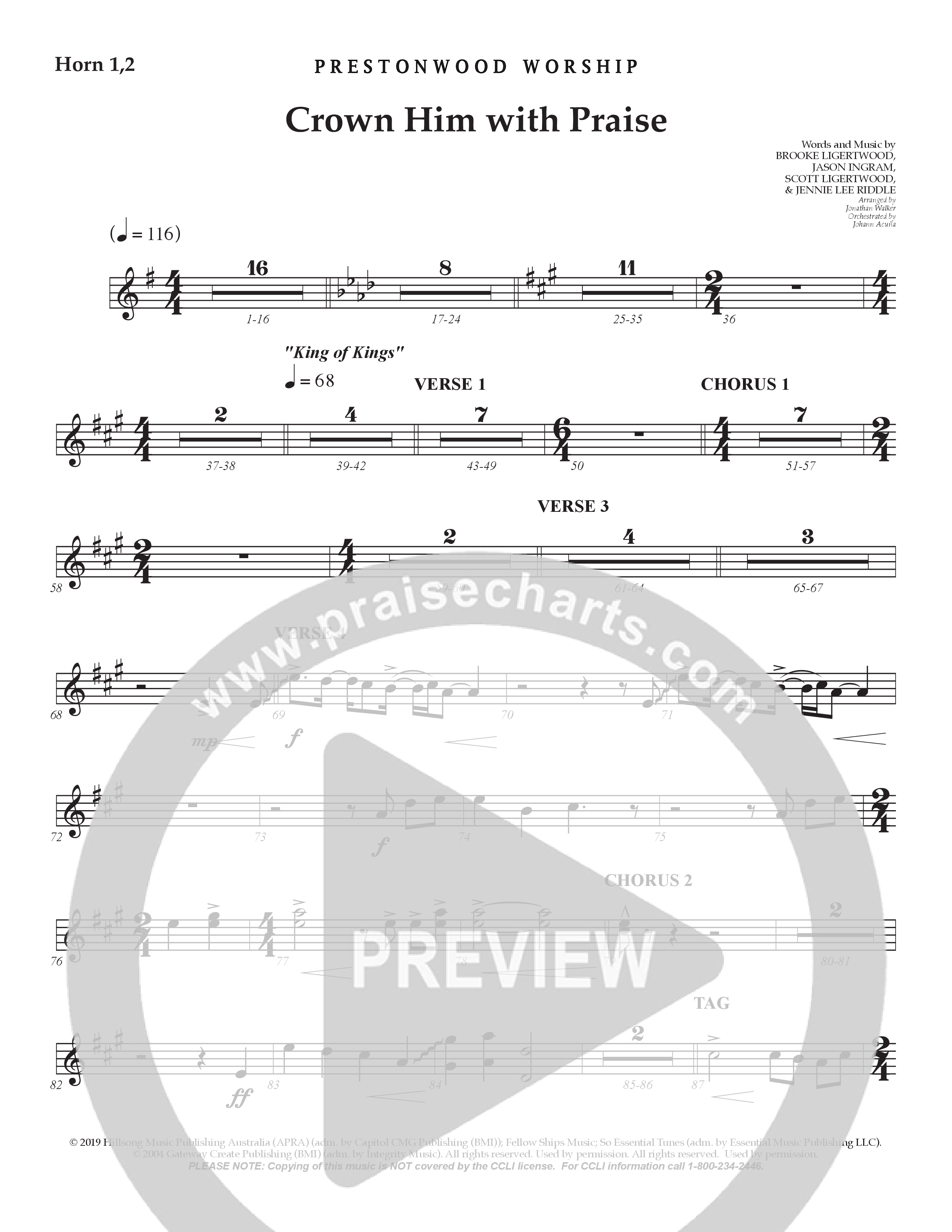 Crown Him With Praise (Choral Anthem SATB) French Horn 1/2 (Prestonwood Choir / Prestonwood Worship / Arr. Jonathan Walker / Orch. Johann Acuna)