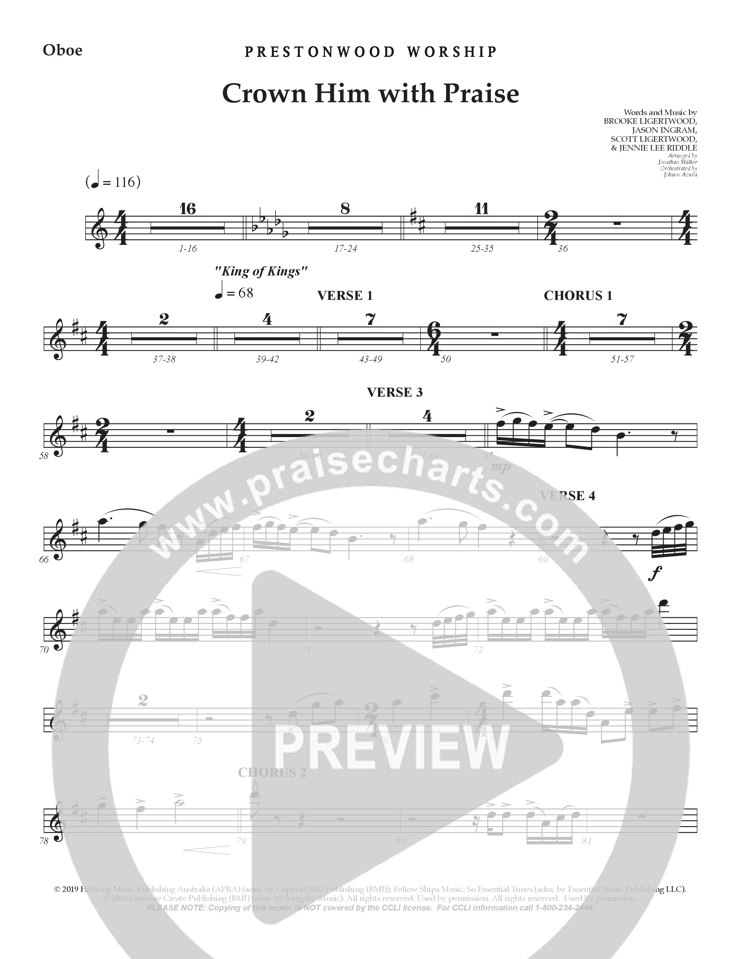 Crown Him With Praise (Choral Anthem SATB) Oboe (Prestonwood Choir / Prestonwood Worship / Arr. Jonathan Walker / Orch. Johann Acuna)