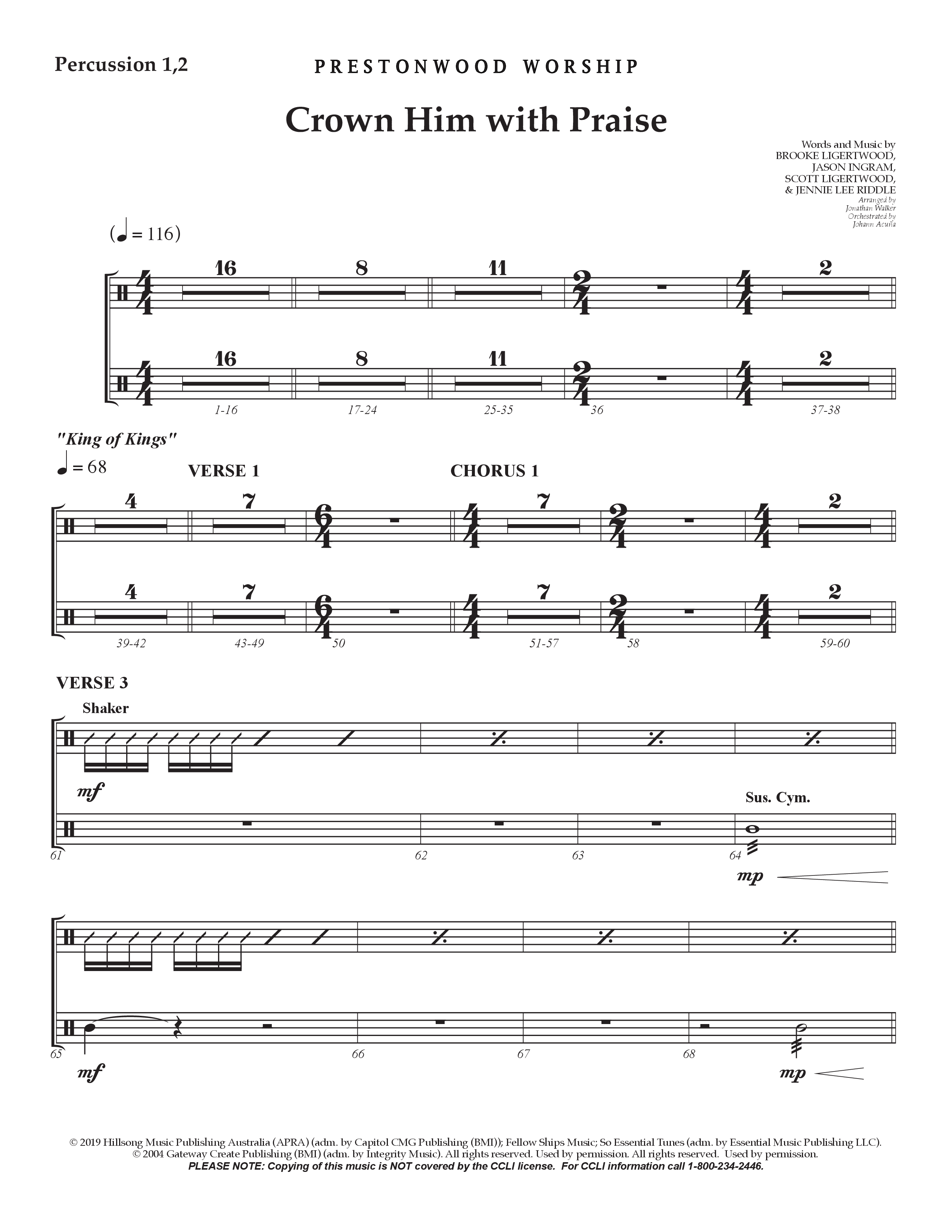 Crown Him With Praise (Choral Anthem SATB) Percussion 1/2 (Prestonwood Choir / Prestonwood Worship / Arr. Jonathan Walker / Orch. Johann Acuna)