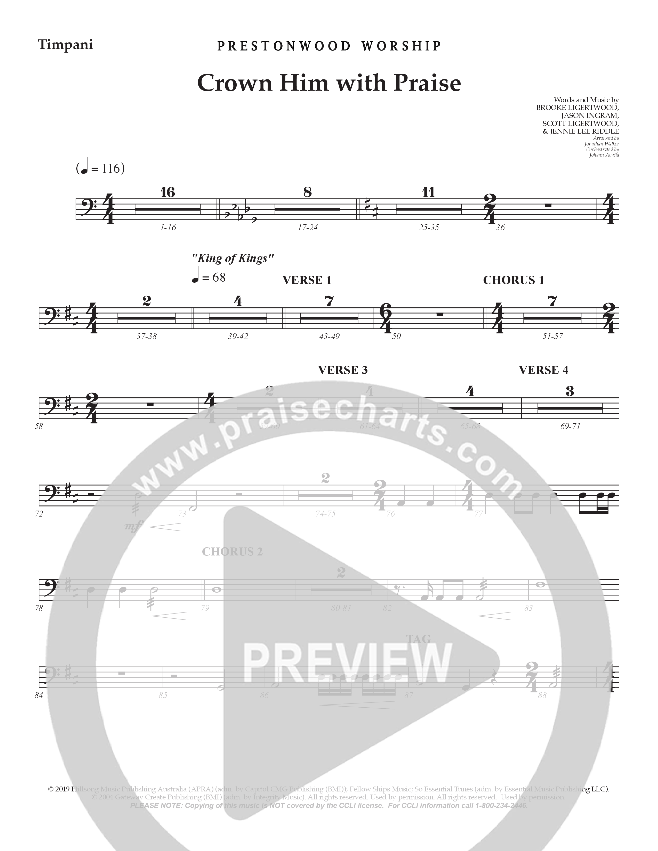 Crown Him With Praise (Choral Anthem SATB) Timpani (Prestonwood Choir / Prestonwood Worship / Arr. Jonathan Walker / Orch. Johann Acuna)