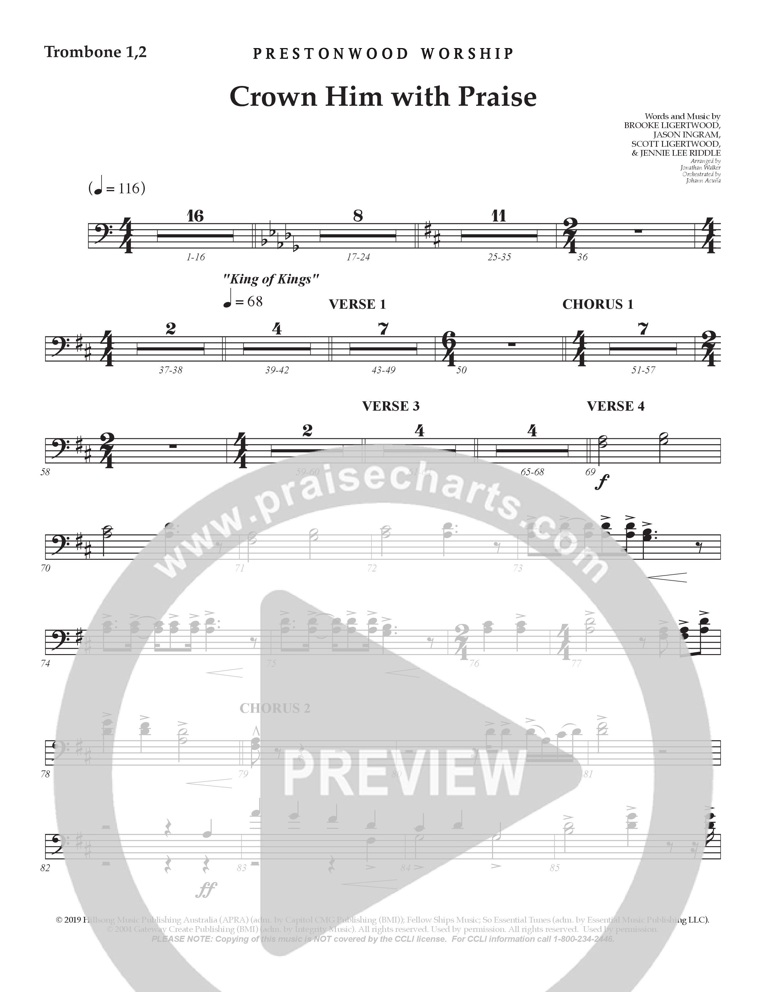 Crown Him With Praise (Choral Anthem SATB) Trombone 1/2 (Prestonwood Choir / Prestonwood Worship / Arr. Jonathan Walker / Orch. Johann Acuna)
