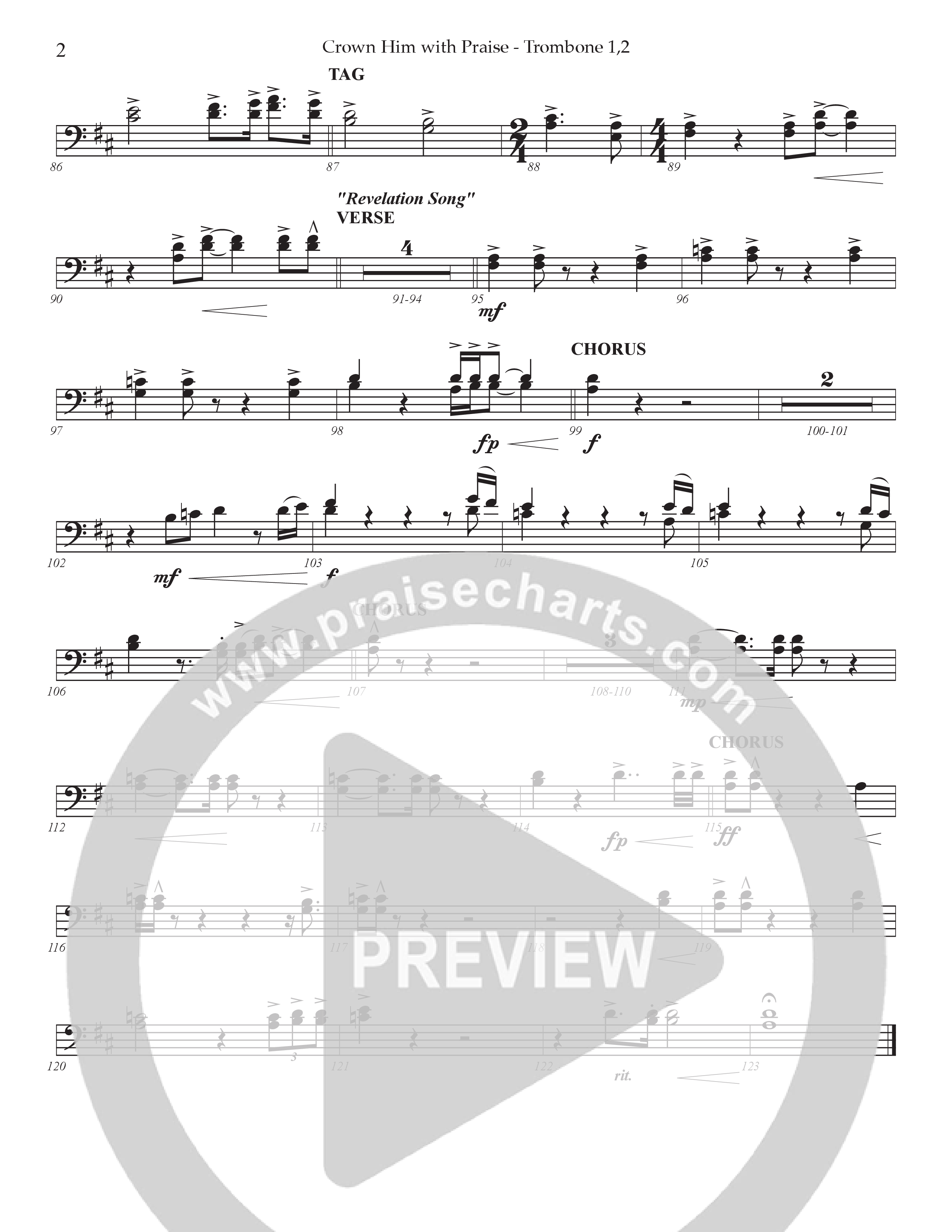 Crown Him With Praise (Choral Anthem SATB) Trombone 1/2 (Prestonwood Choir / Prestonwood Worship / Arr. Jonathan Walker / Orch. Johann Acuna)