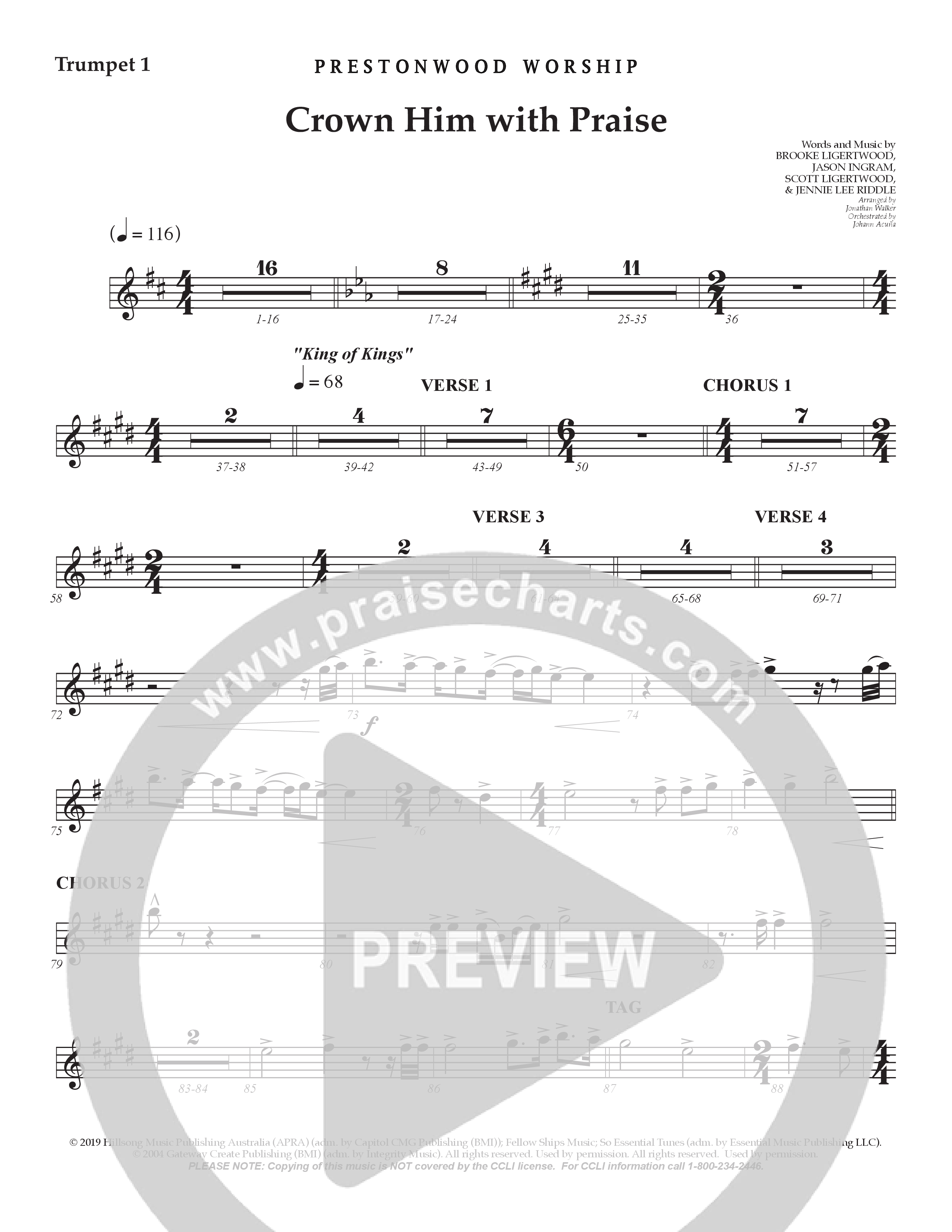 Crown Him With Praise (Choral Anthem SATB) Trumpet 1 (Prestonwood Choir / Prestonwood Worship / Arr. Jonathan Walker / Orch. Johann Acuna)
