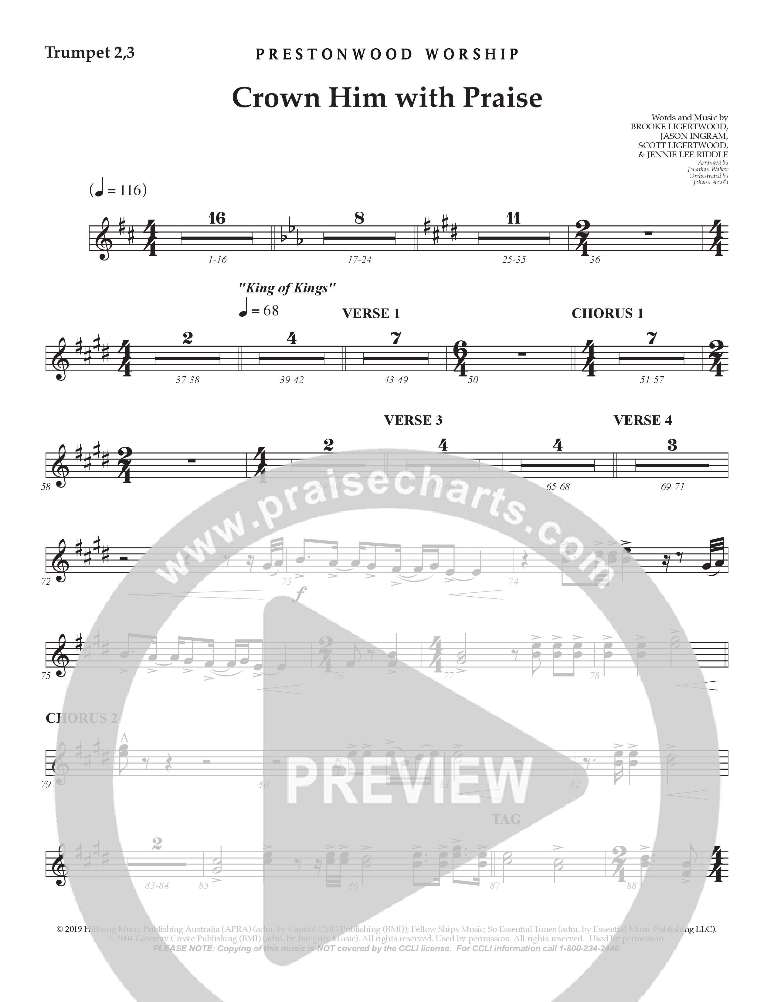Crown Him With Praise (Choral Anthem SATB) Trumpet 2/3 (Prestonwood Choir / Prestonwood Worship / Arr. Jonathan Walker / Orch. Johann Acuna)
