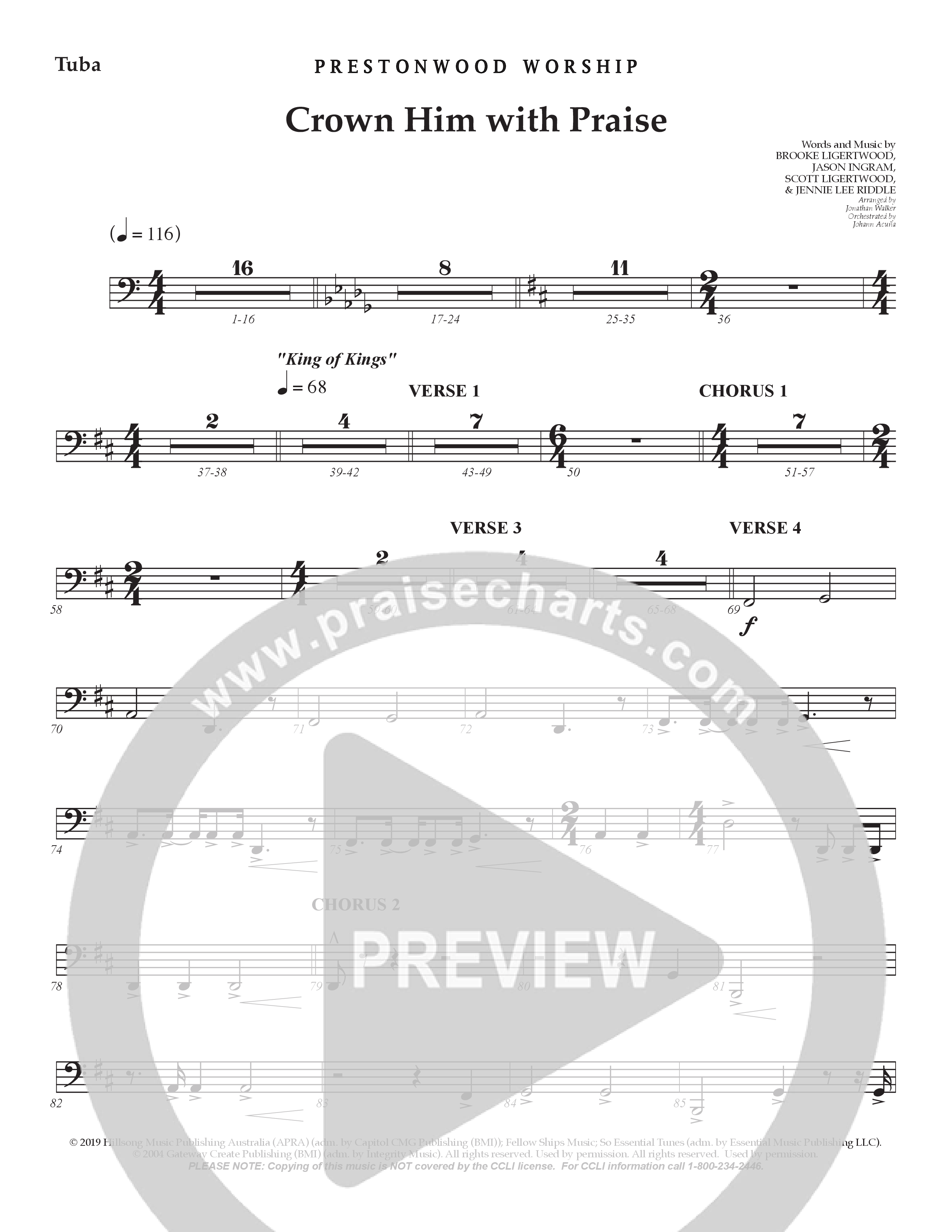 Crown Him With Praise (Choral Anthem SATB) Tuba (Prestonwood Choir / Prestonwood Worship / Arr. Jonathan Walker / Orch. Johann Acuna)