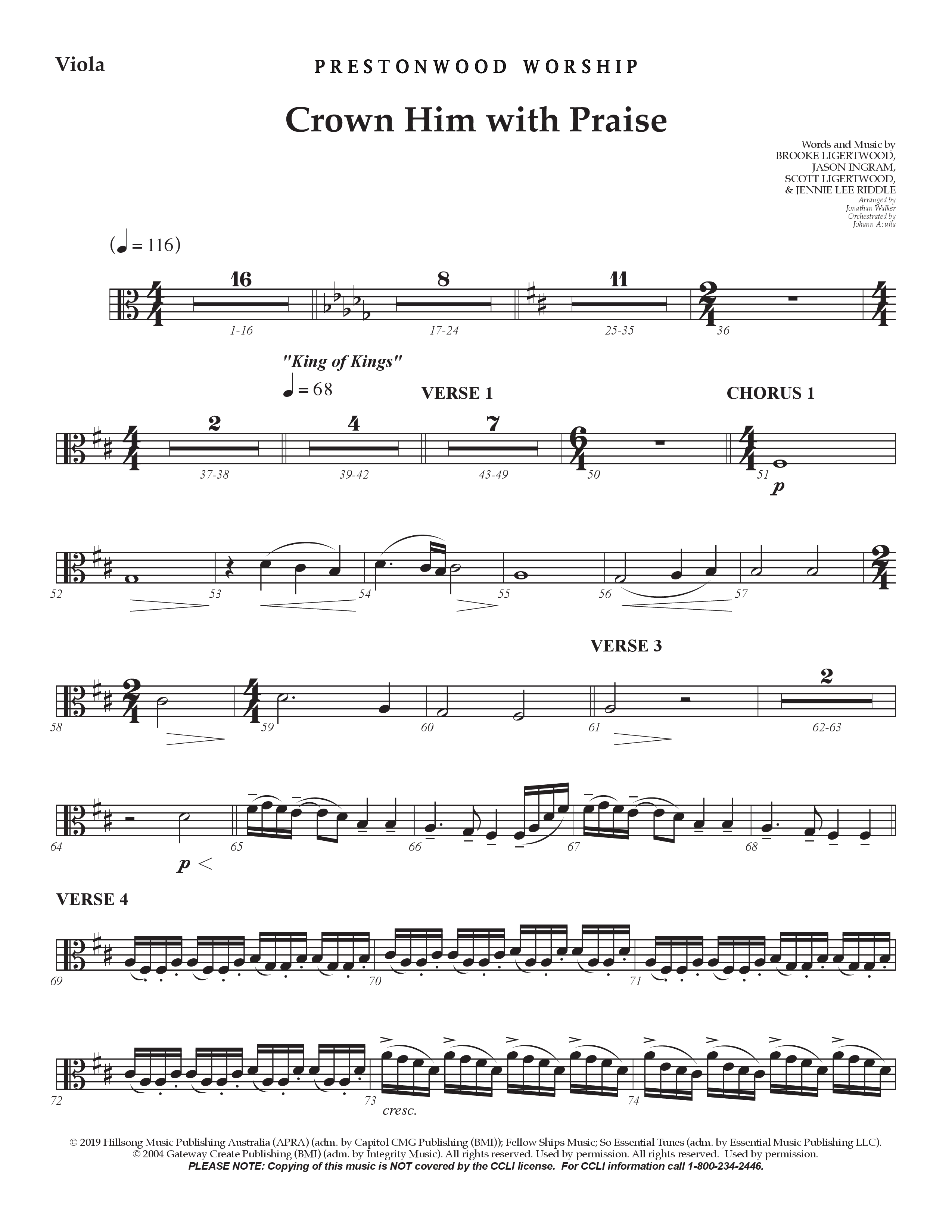 Crown Him With Praise (Choral Anthem SATB) Viola (Prestonwood Choir / Prestonwood Worship / Arr. Jonathan Walker / Orch. Johann Acuna)