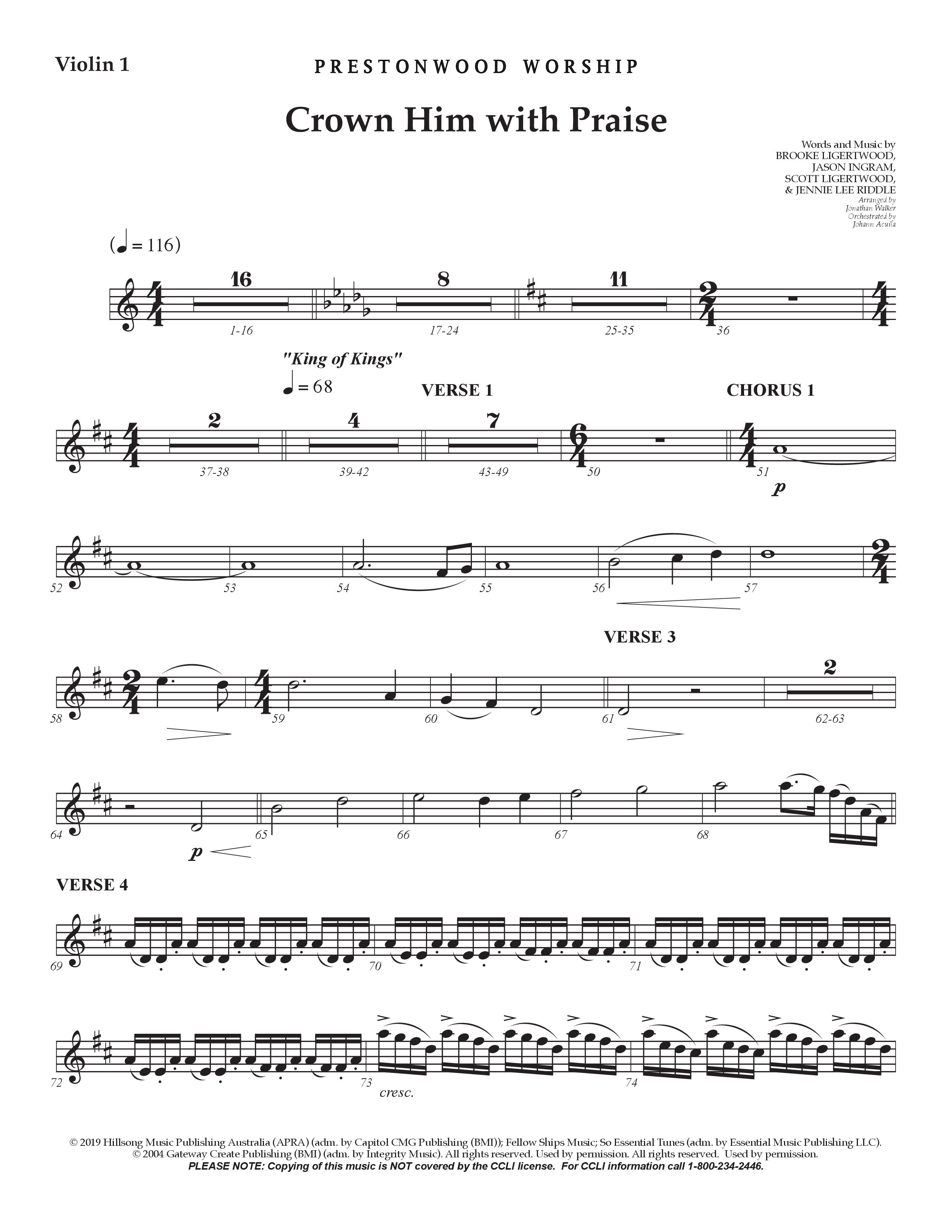 Crown Him With Praise (Choral Anthem SATB) Violin 1 (Prestonwood Choir / Prestonwood Worship / Arr. Jonathan Walker / Orch. Johann Acuna)